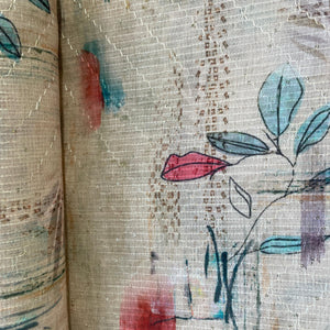 
Cream & Multicolor Floral Print Sequence Embroidery Linen Fabric 11115
