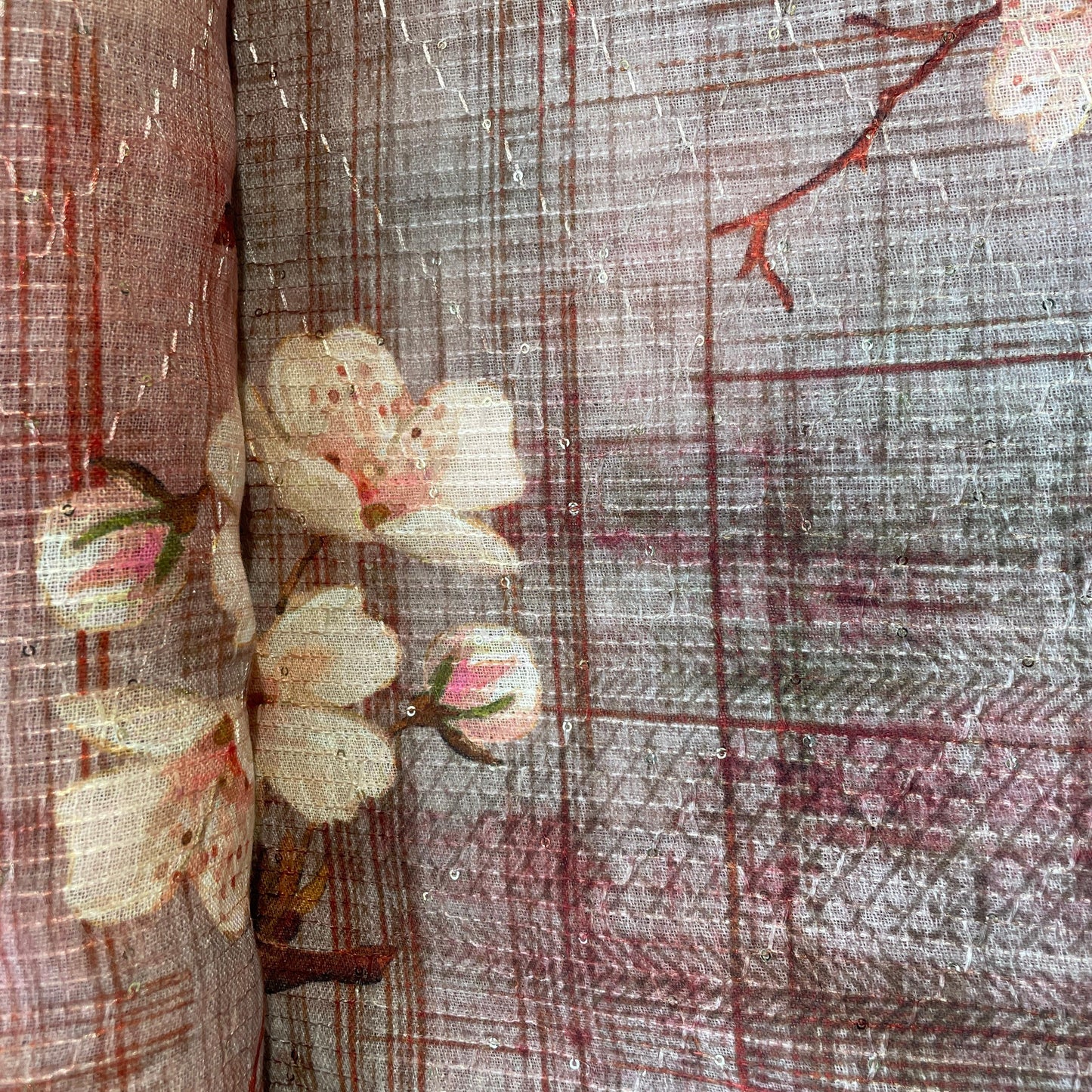 Peach Pink Floral Print Sequence Embroidery Linen 11127