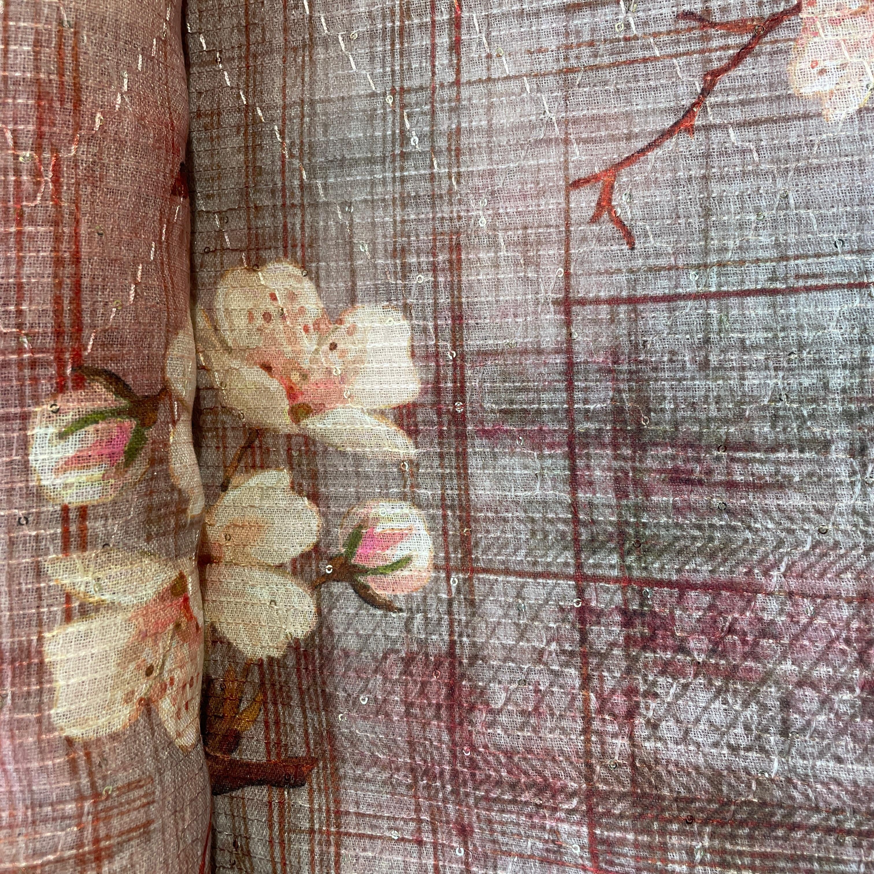 Peach Pink Floral Print Sequence Embroidery Linen 11127