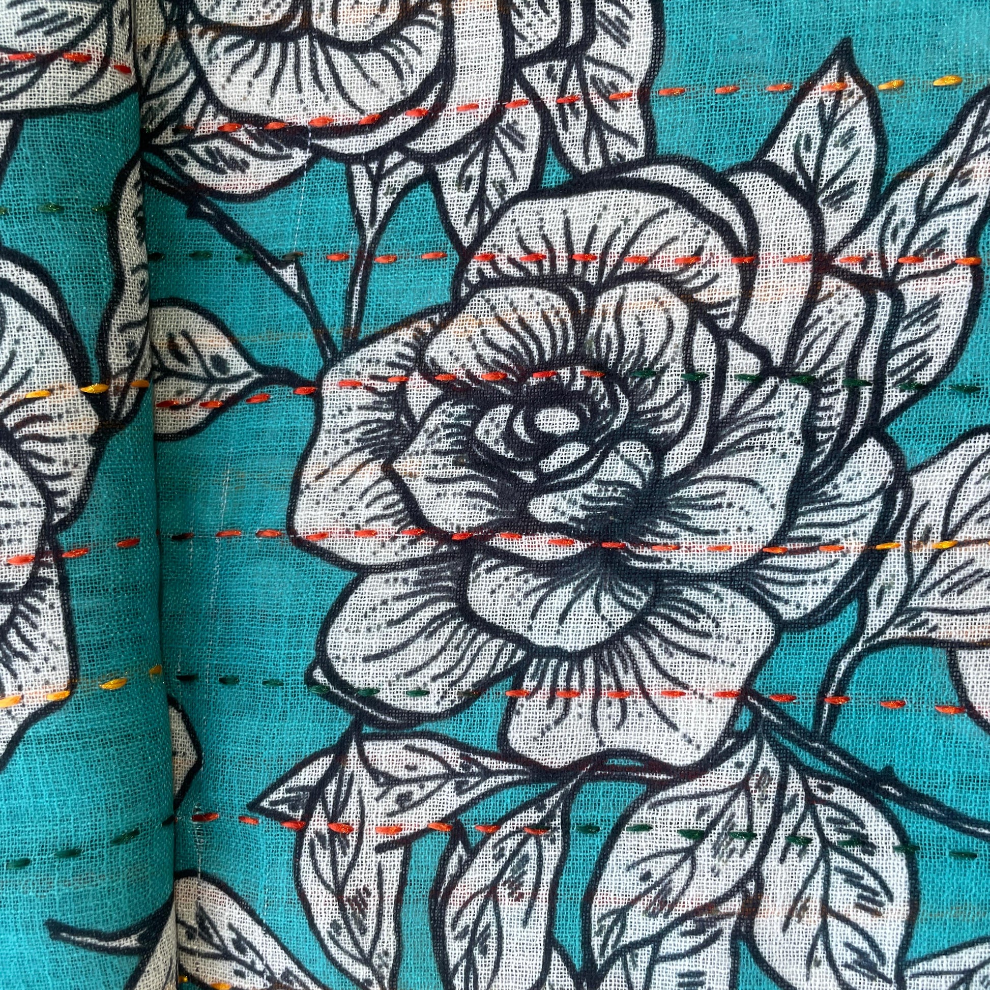 Green Floral Sequence Embroidery Linen 11132