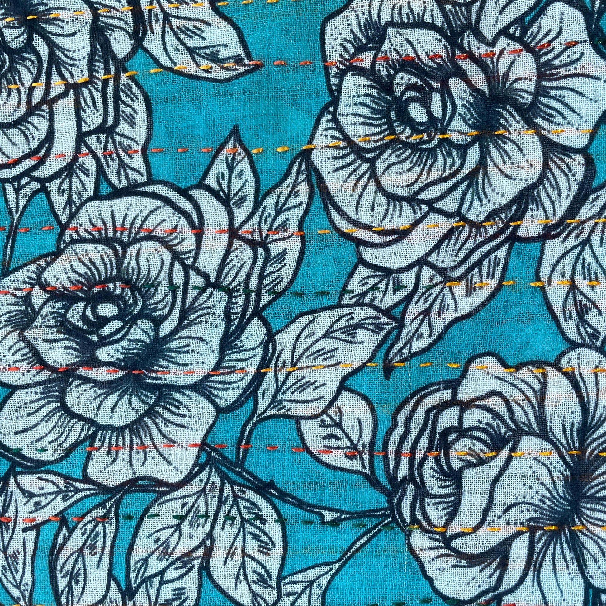 Green Floral Sequence Embroidery Linen 11132