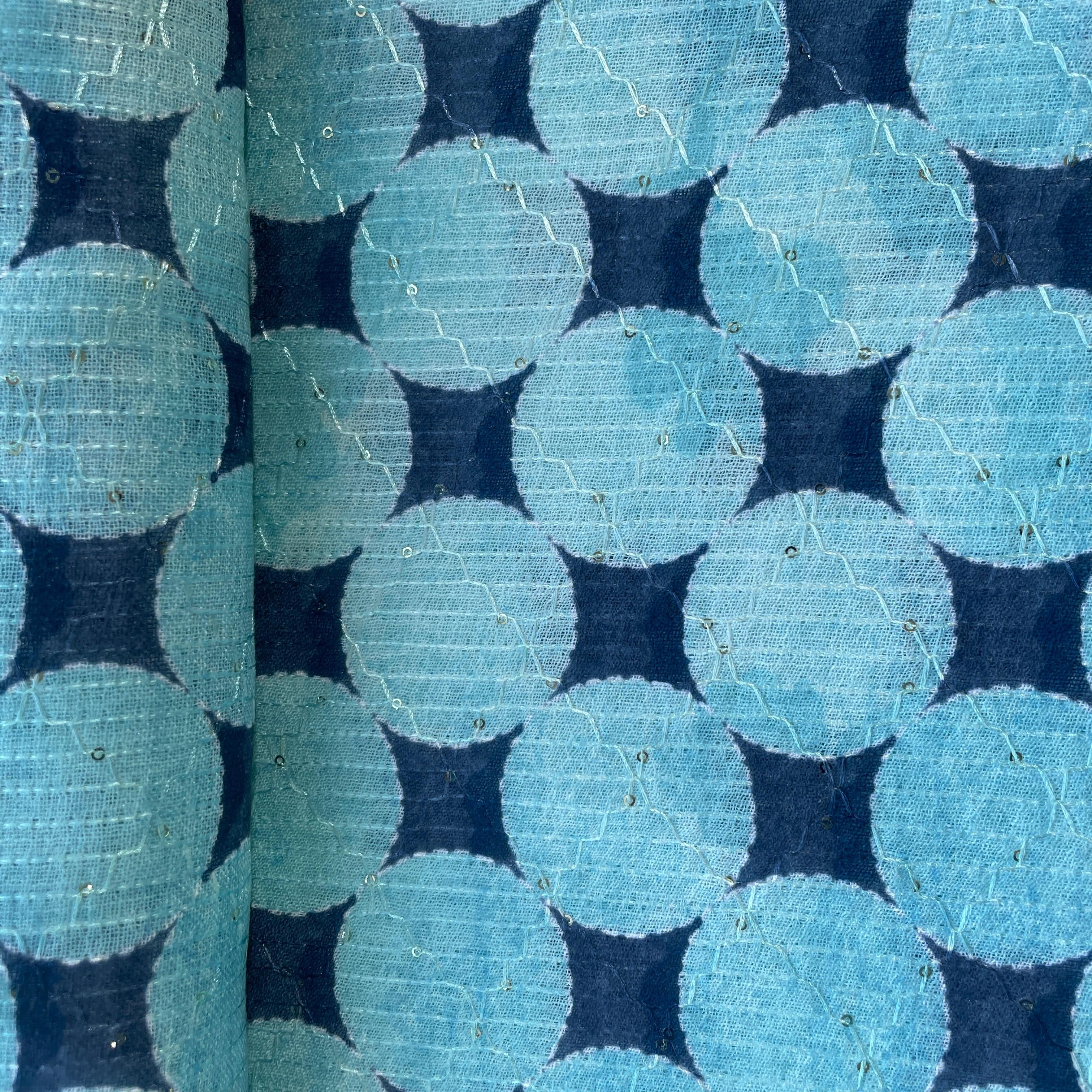Sea Blue & Dark Blue Geometerical Print Sequence Embroidery Linen 11128