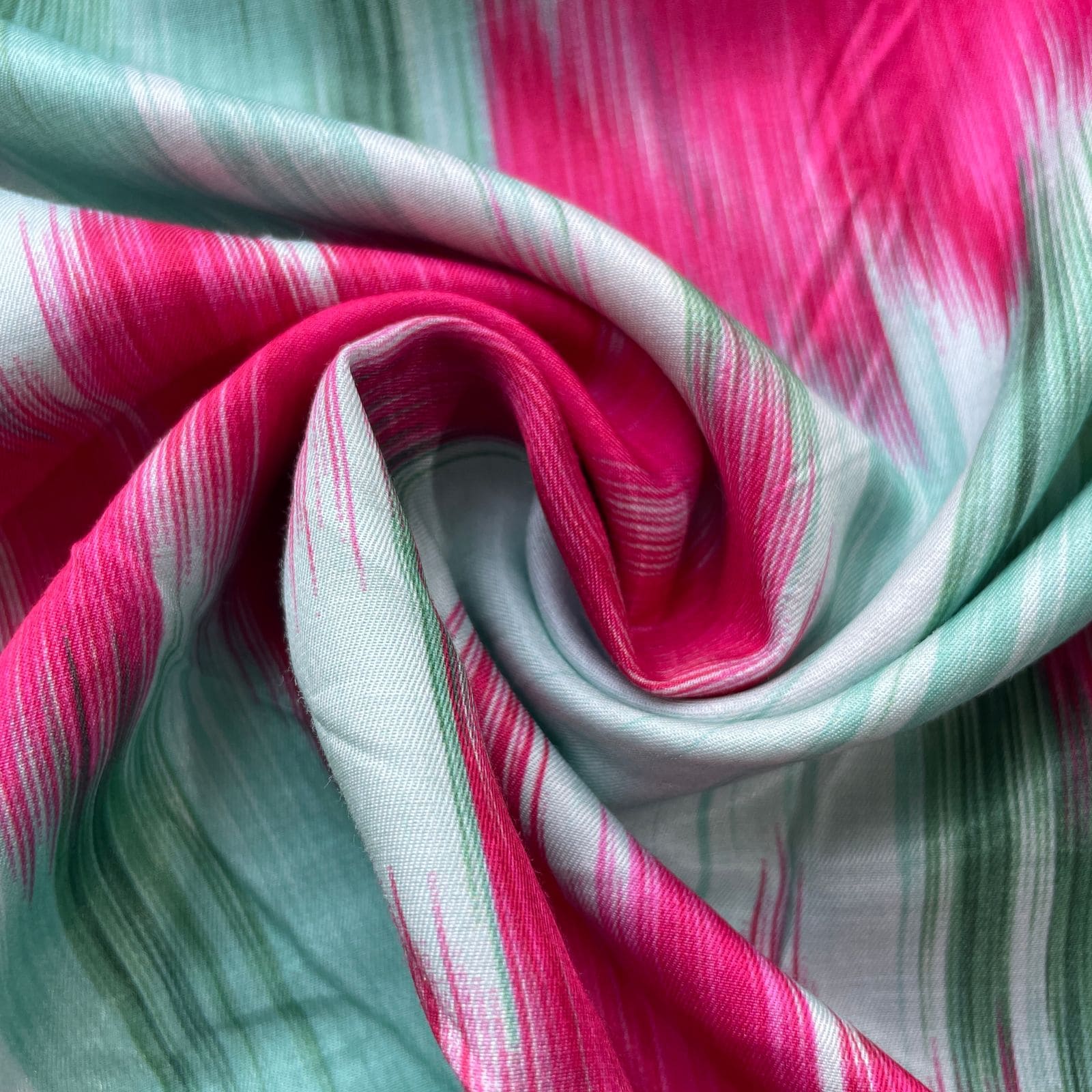Green Multicolor Ikkat Print Bemberg Gaji Silk Fabric 15550