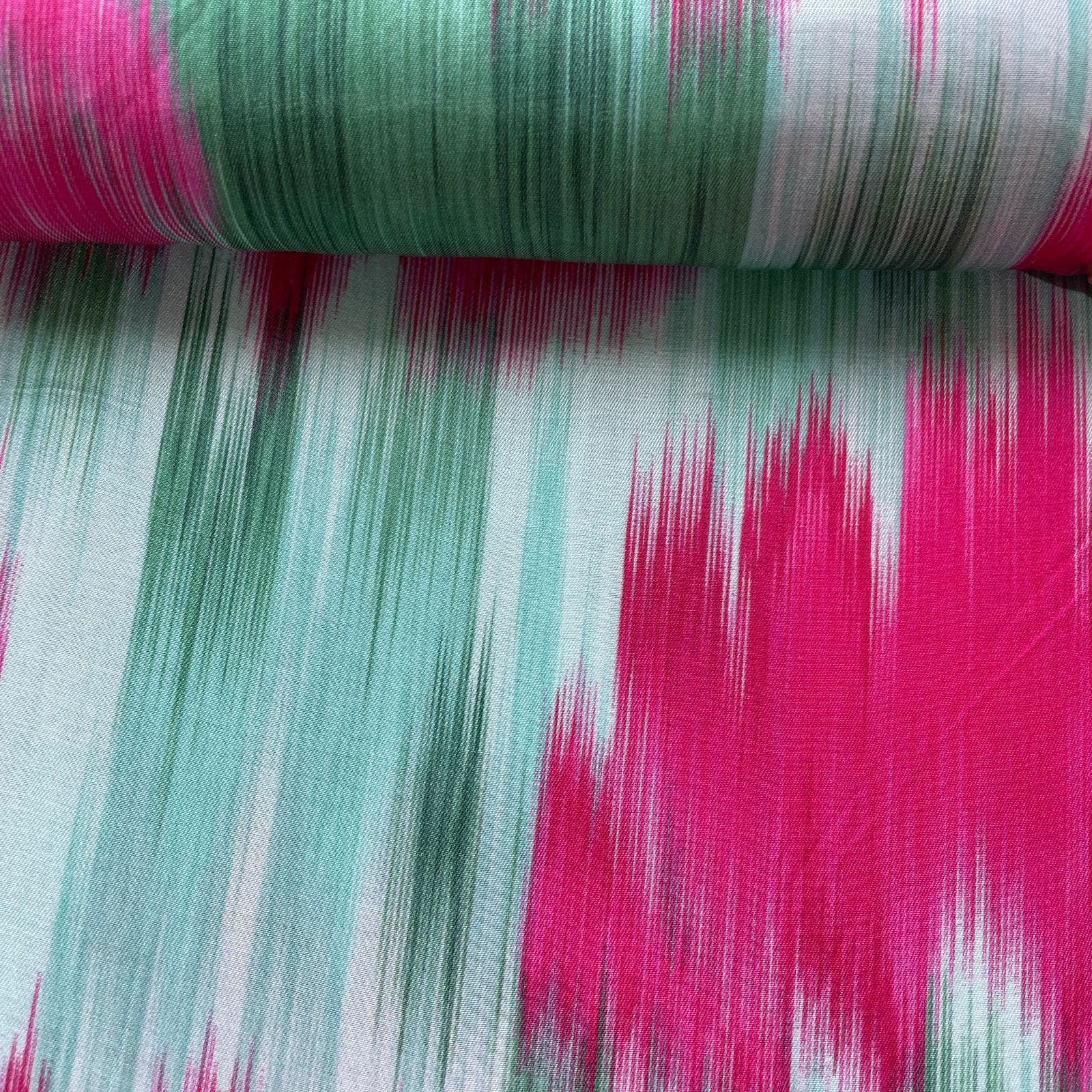 Green Multicolor Ikkat Print Bemberg Gaji Silk Fabric 15550