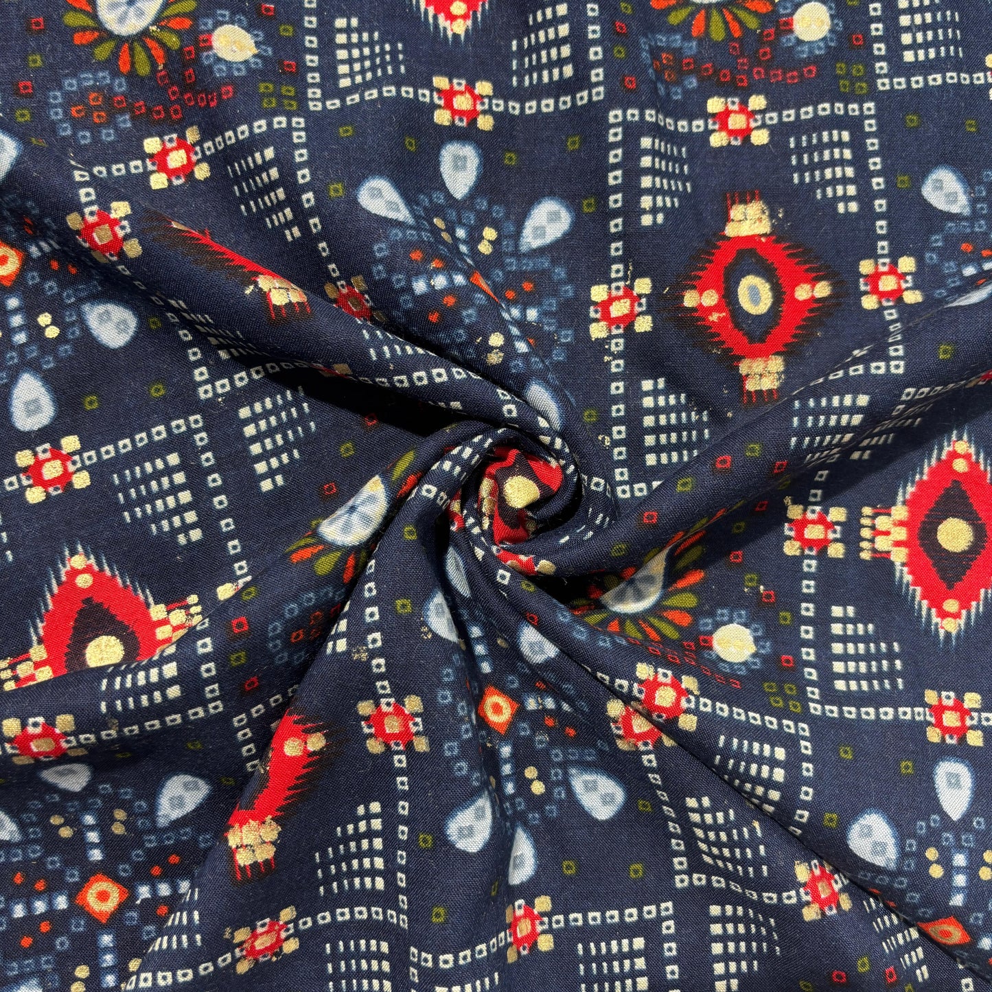 Navy Blue Bandhani Print with Foil Rayon Fabric 5045