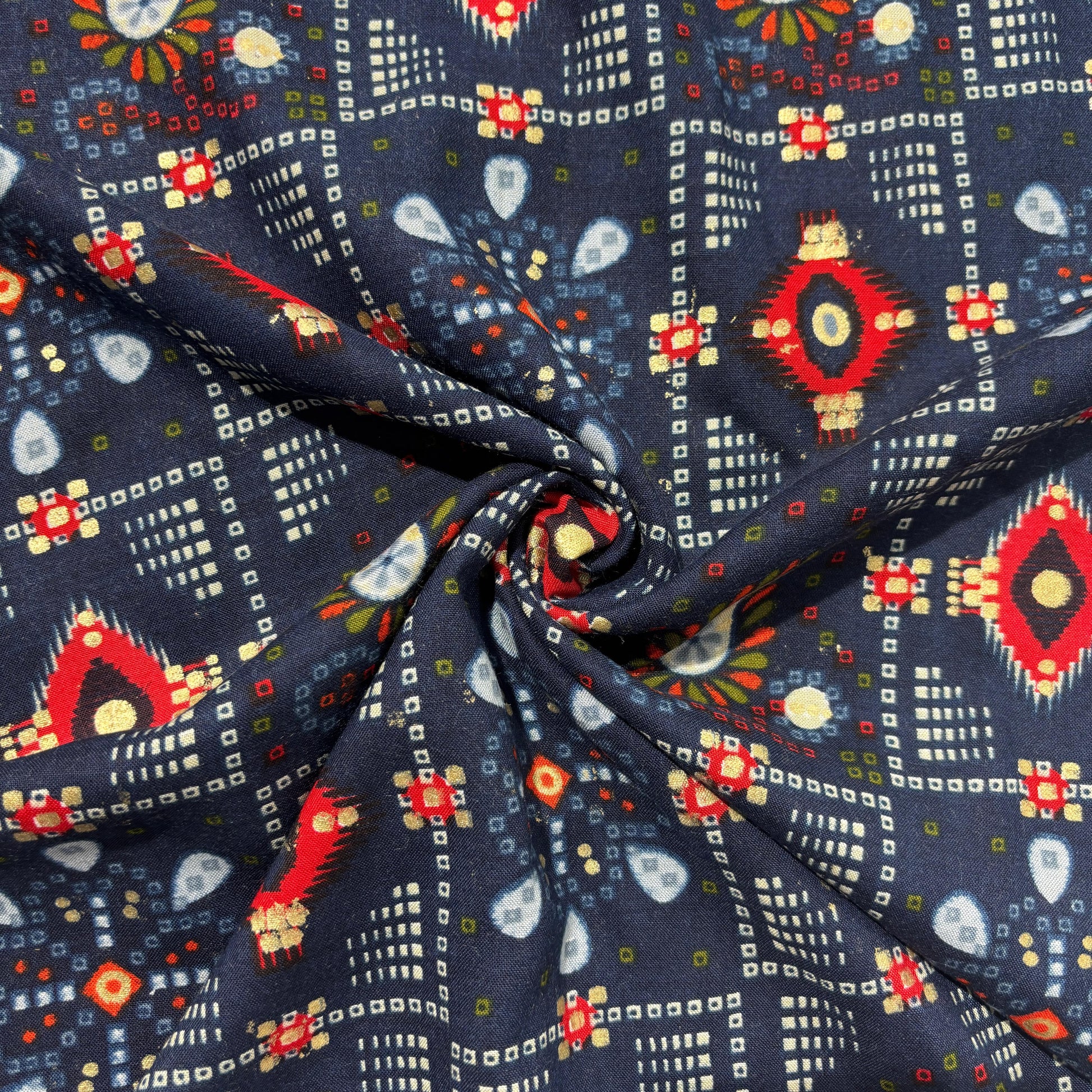 Navy Blue Bandhani Print with Foil Rayon Fabric 5045