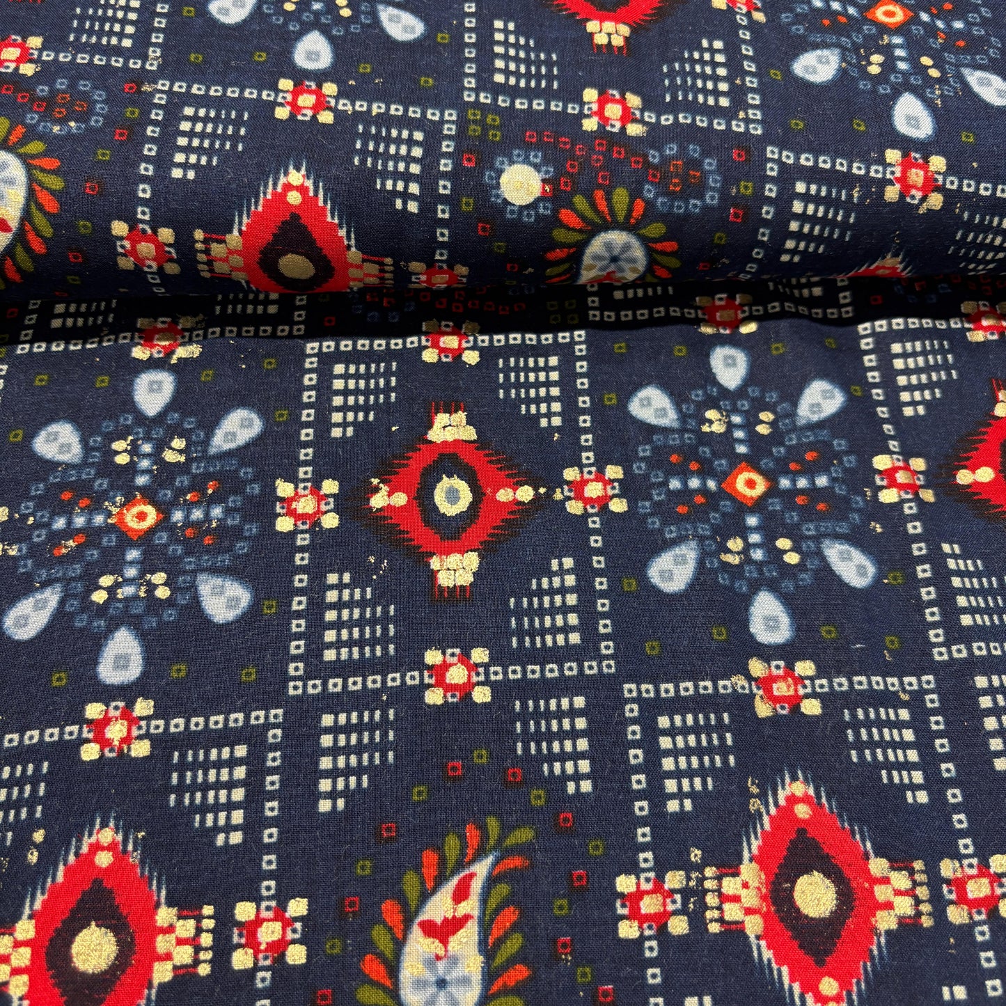 Navy Blue Bandhani Print with Foil Rayon Fabric 5045