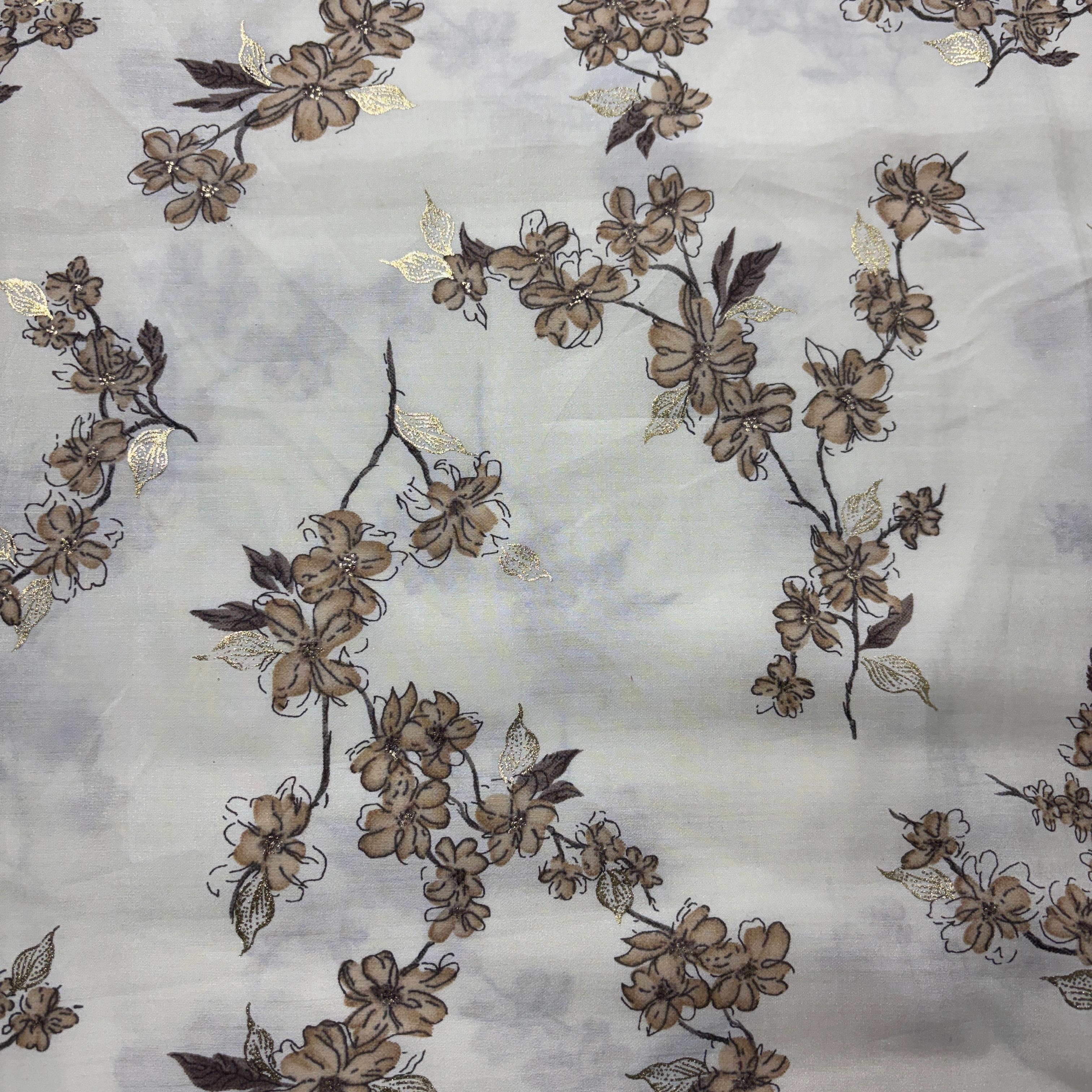 Light Yellow with brown floral Rayon Fabric 5428