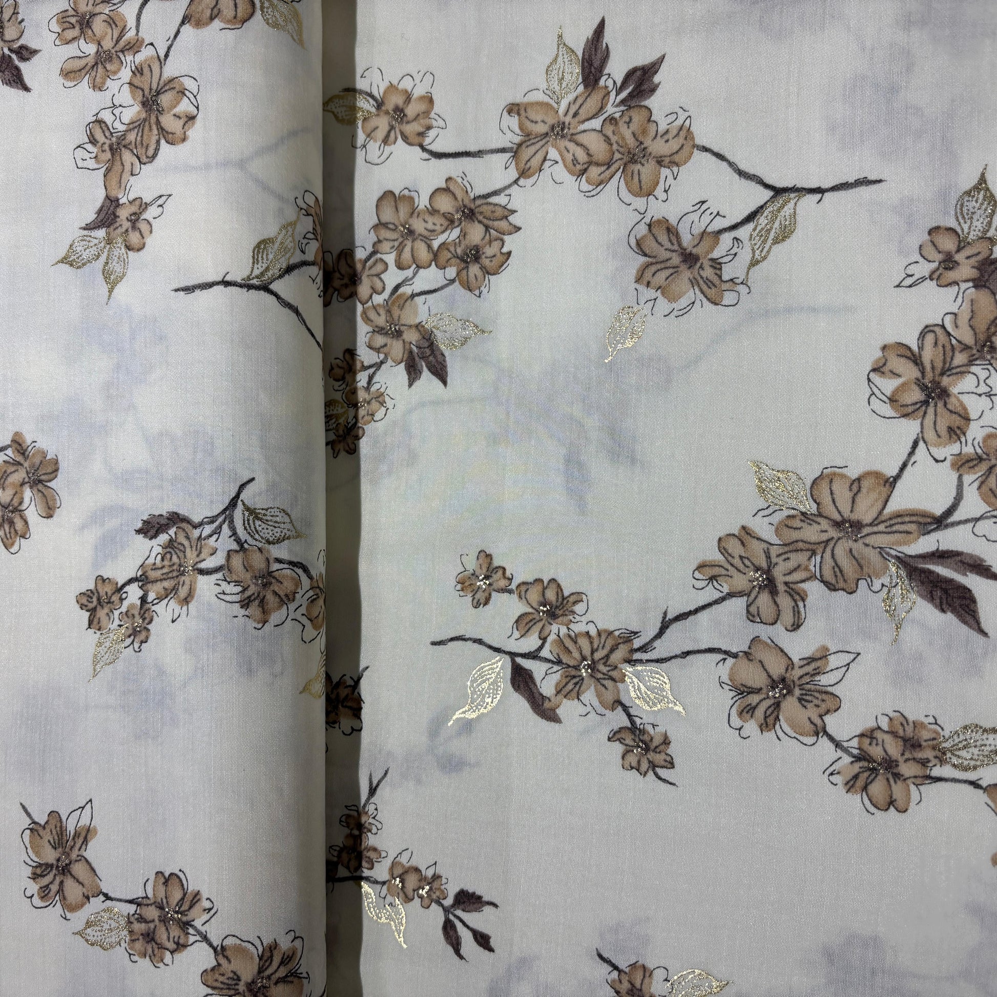 Light Yellow with brown floral Rayon Fabric 5428
