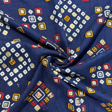 Navy Blue Bandhani Print with Foil Rayon Fabric 5043