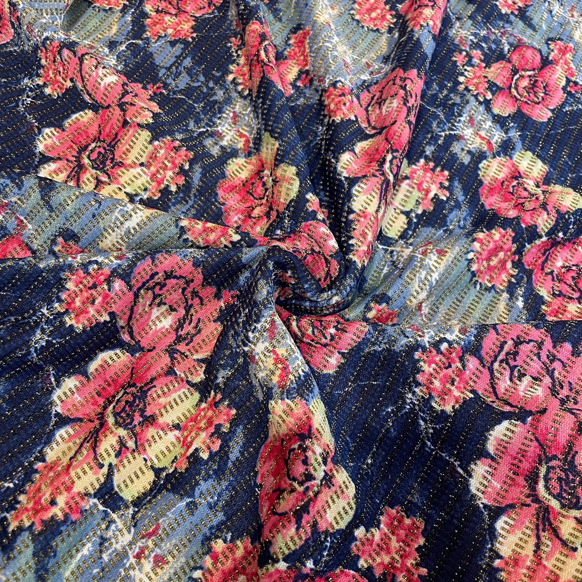 Blue & Pink Floral Print Knitted Lycra Fabric 5160