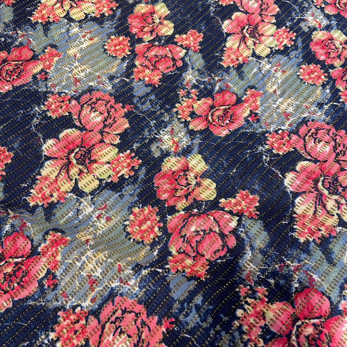 Blue & Pink Floral Print Knitted Lycra Fabric 5160
