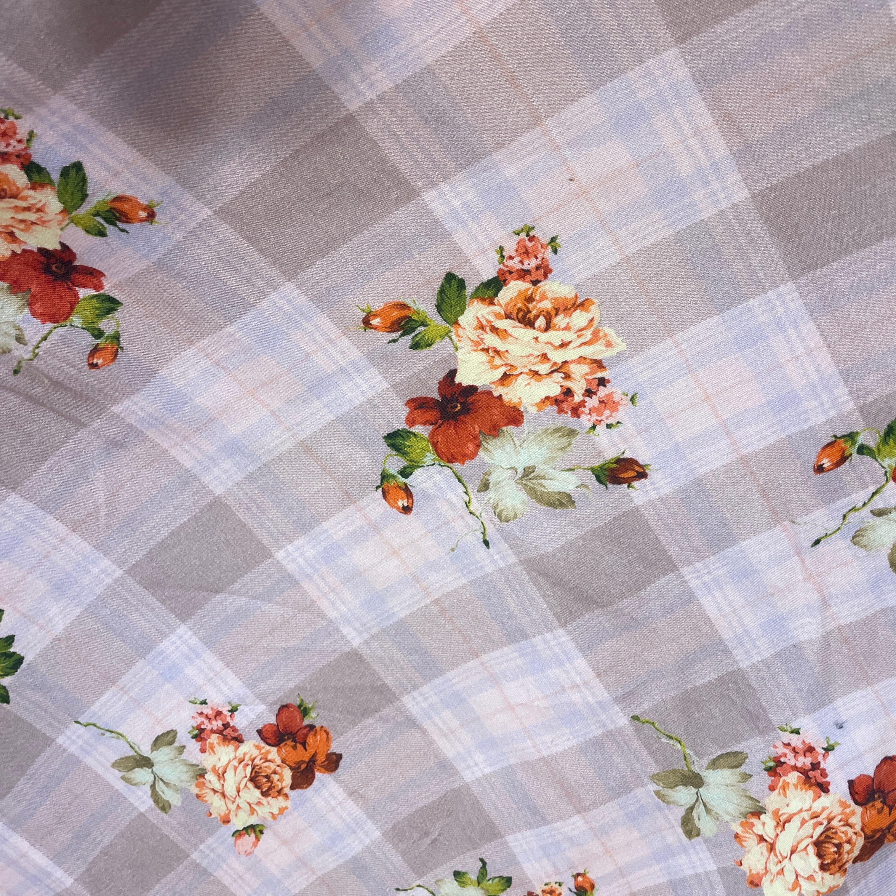 Pink Check Floral Print Spun Fabric 4557