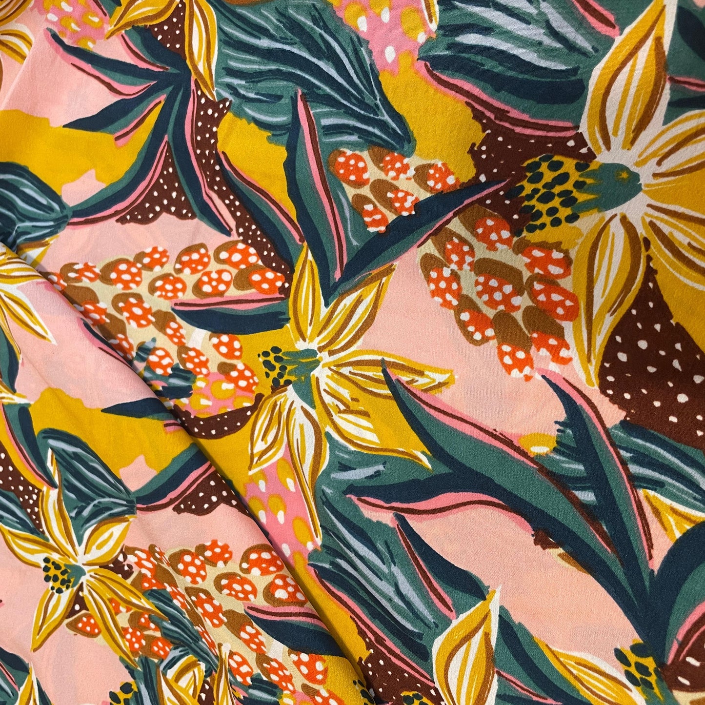 Pink With Yellow Floral Crepe Fabric 7593