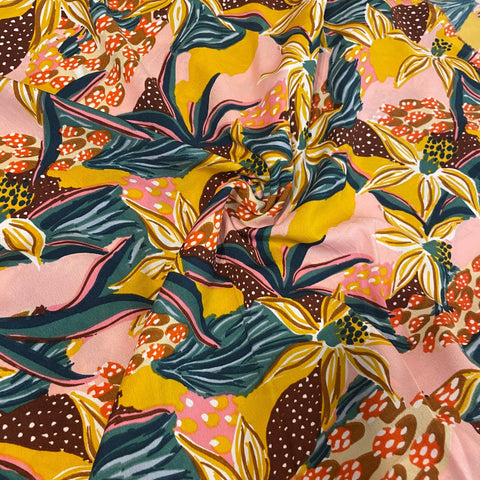 Pink With Yellow Floral Crepe Fabric 7593
