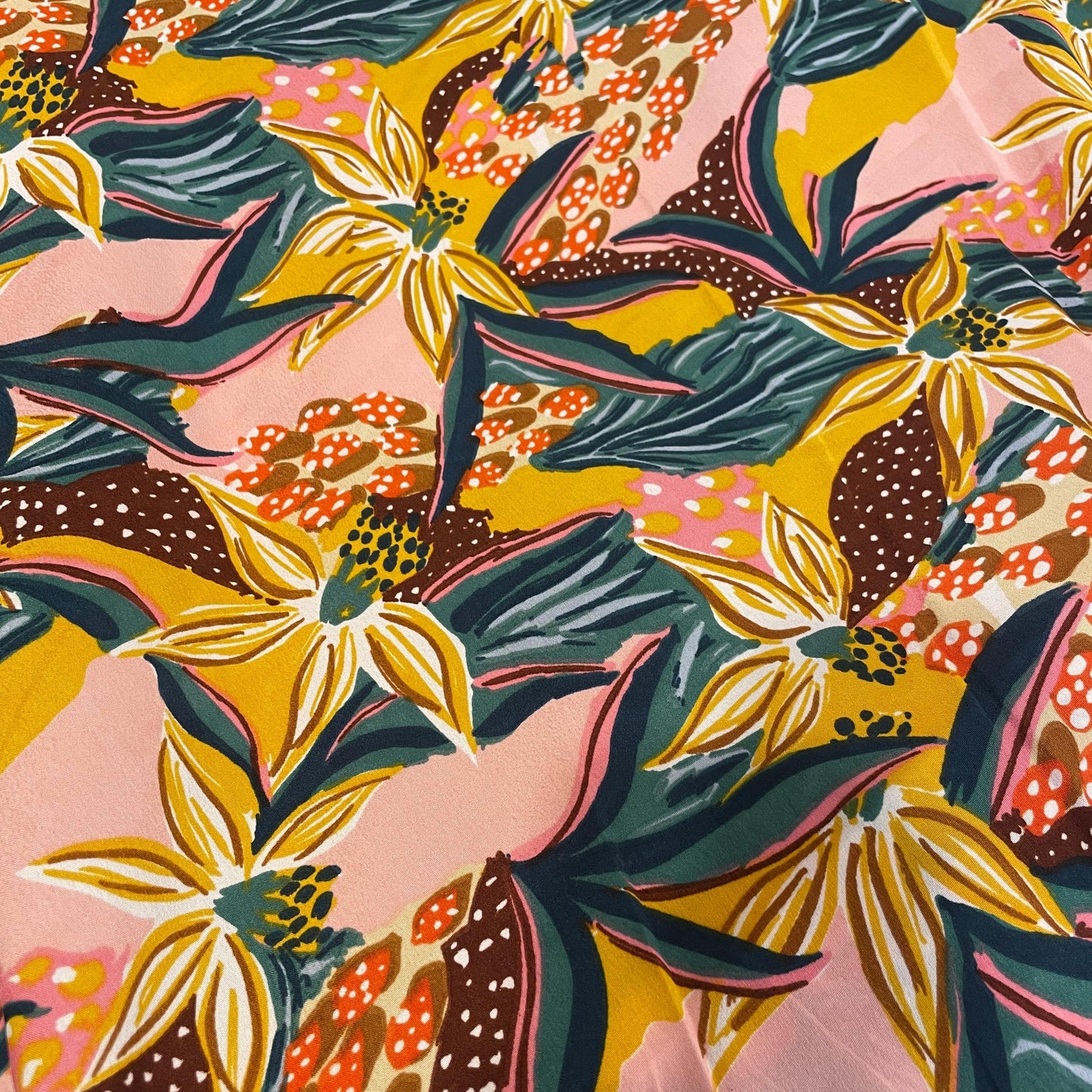 Pink With Yellow Floral Crepe Fabric 7593