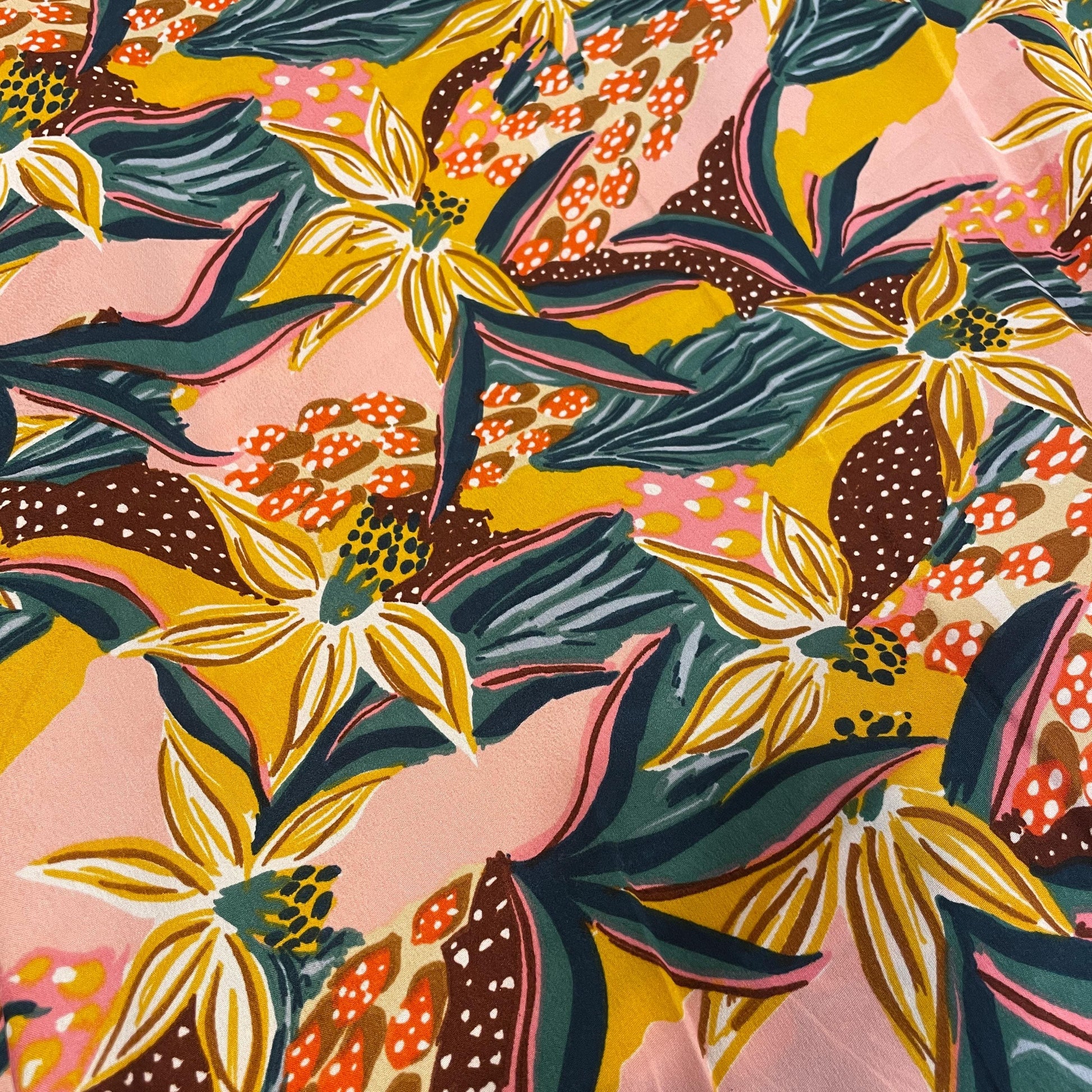 Pink With Yellow Floral Crepe Fabric 7593