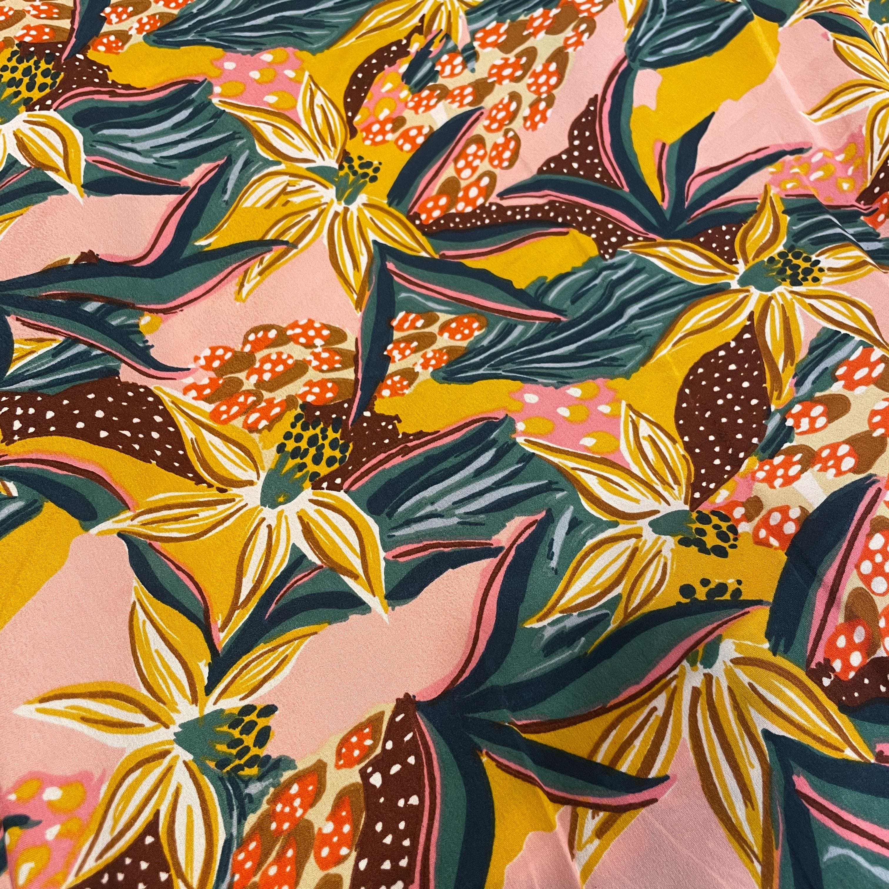 Pink With Yellow Floral Crepe Fabric 7593