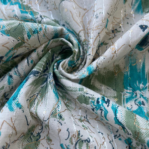 Off White Blue Green Floral Foil Thread Sequins Embroidery Cotton Fabric 15426