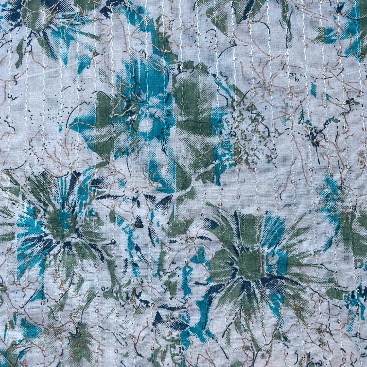 Off White Blue Green Floral Foil Thread Sequins Embroidery Cotton Fabric 15426