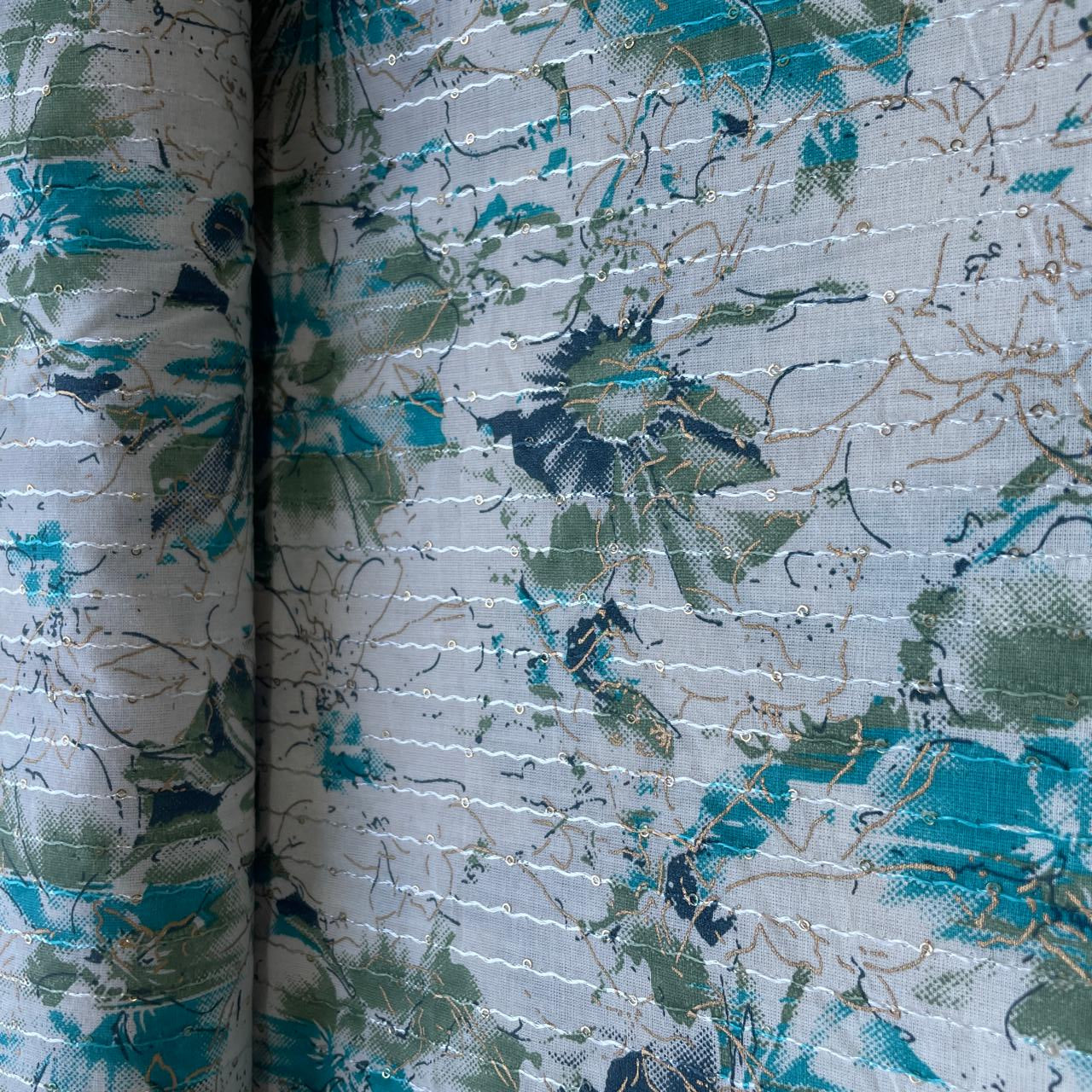 Off White Blue Green Floral Foil Thread Sequins Embroidery Cotton Fabric 15426