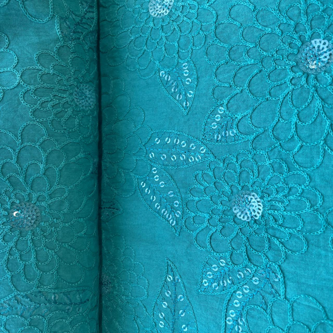 Green Floral Sequence Thread Embroidery Cotton Fabric 11034