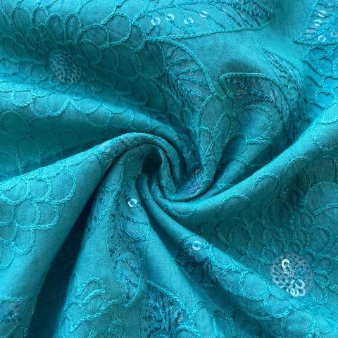 Green Floral Sequence Thread Embroidery Cotton Fabric 11034