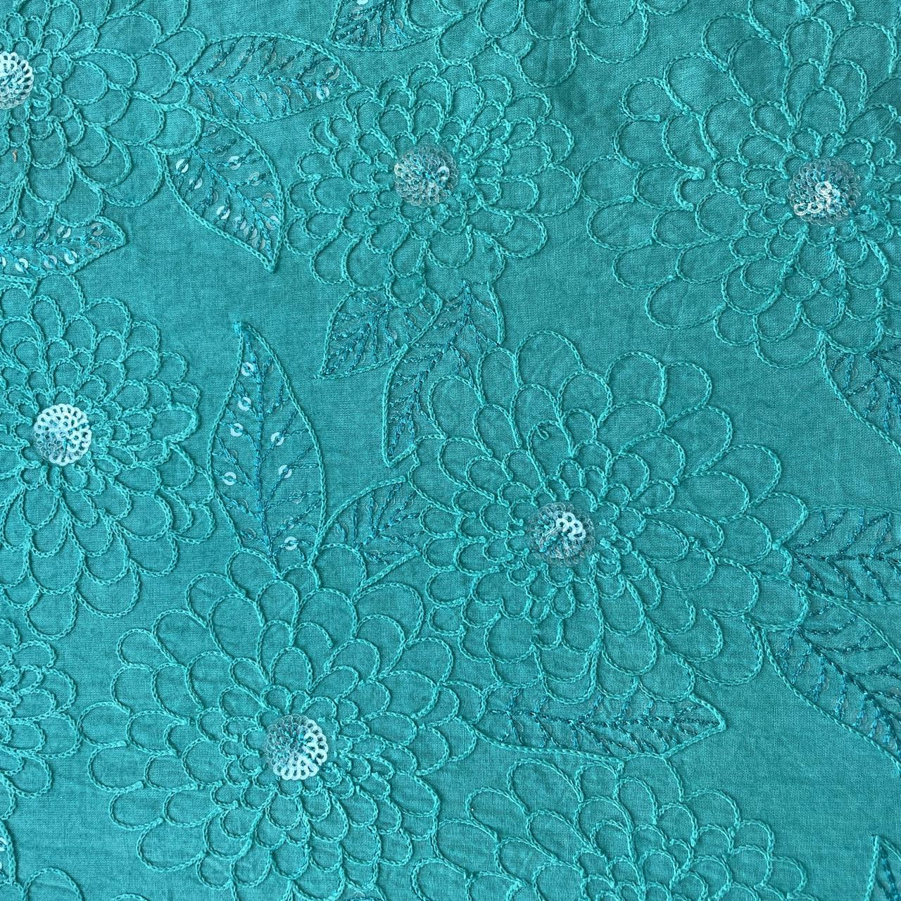 Green Floral Sequence Thread Embroidery Cotton Fabric 11034