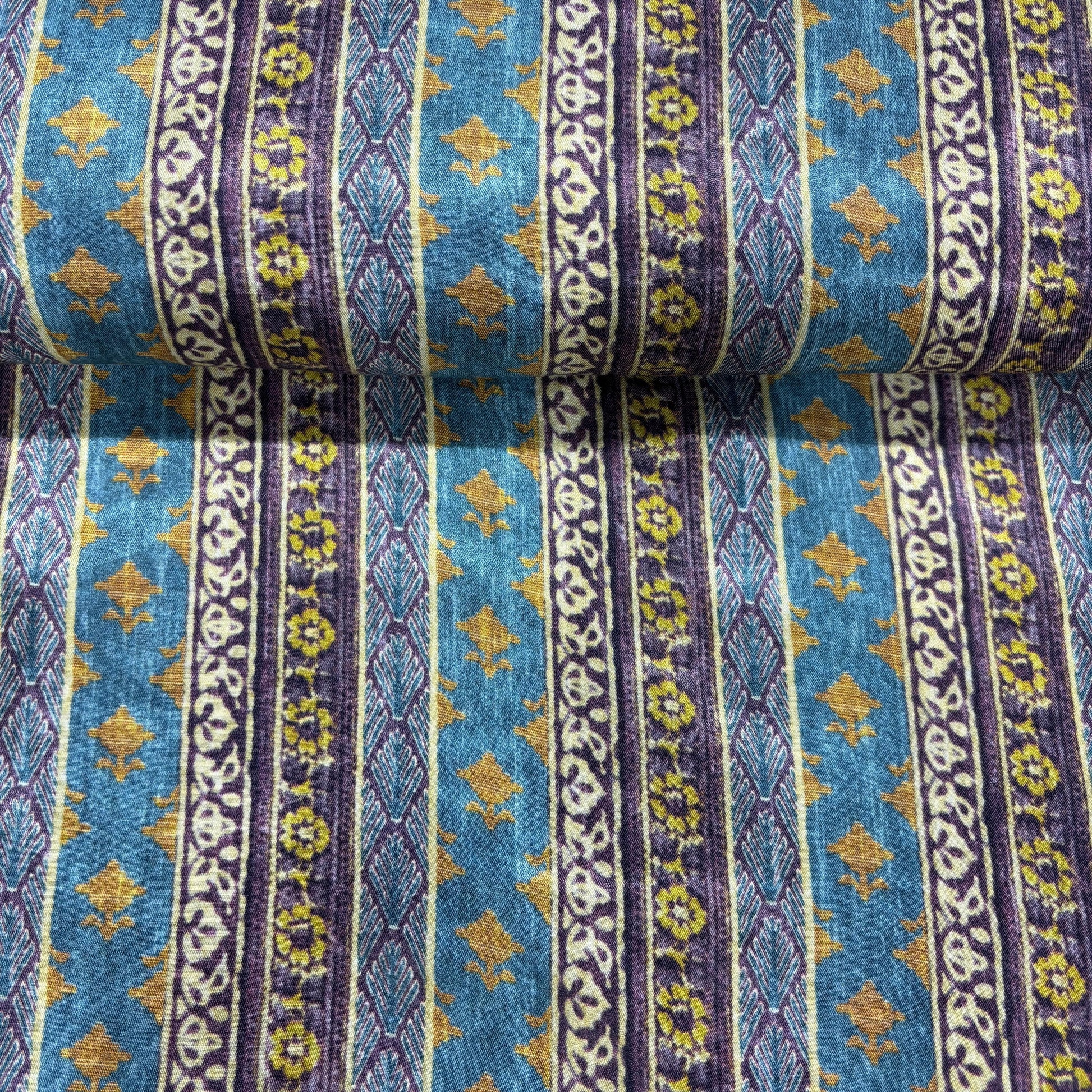 Blue Stripes Floral Print Bemberg Gajji Silk Fabric 15582