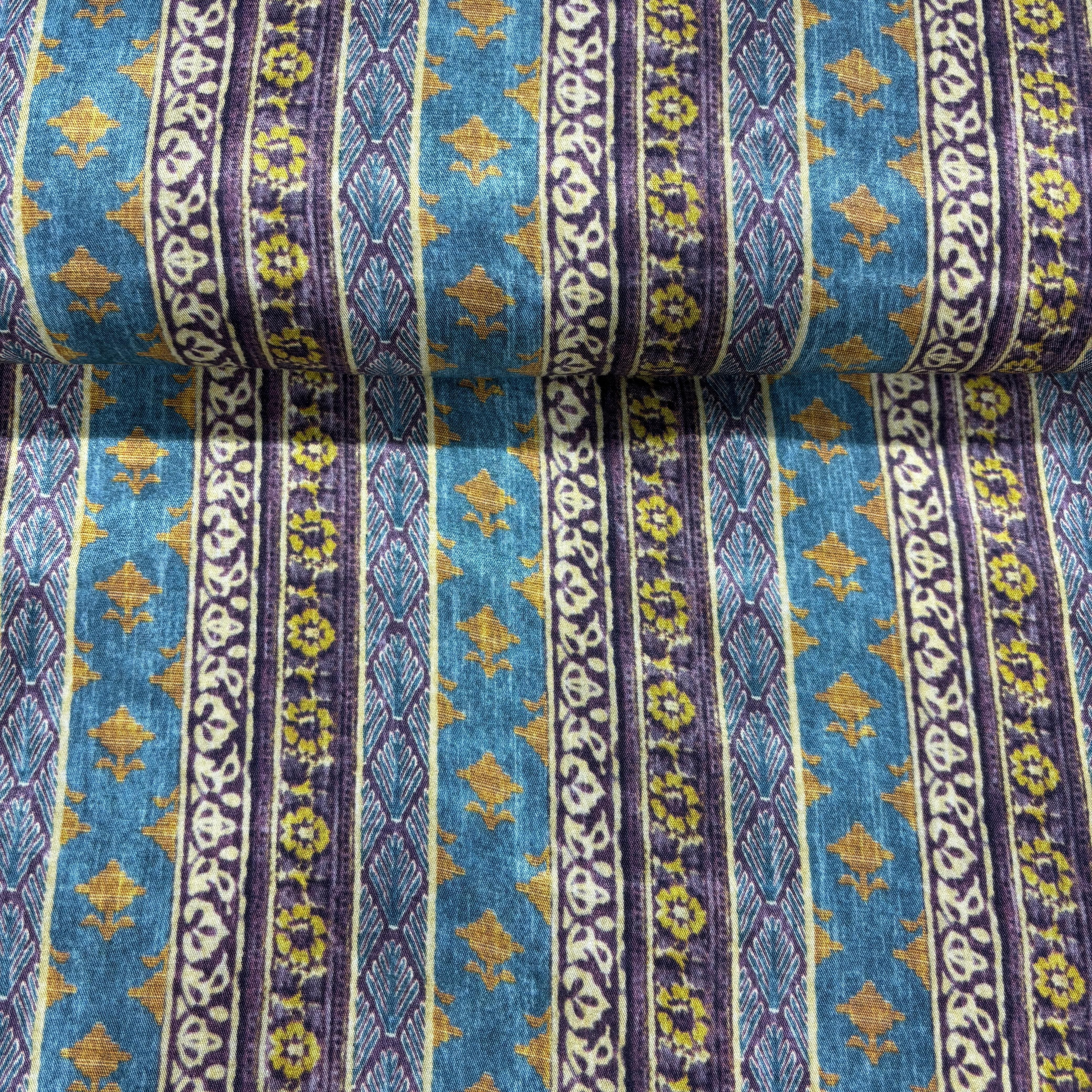 Blue Stripes Floral Print Bemberg Gajji Silk Fabric 15582