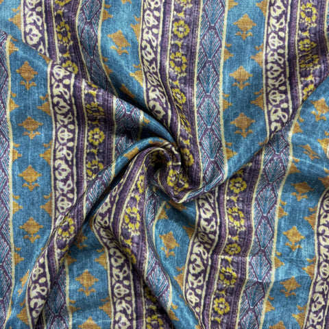 Blue Stripes Floral Print Bemberg Gajji Silk Fabric 15582