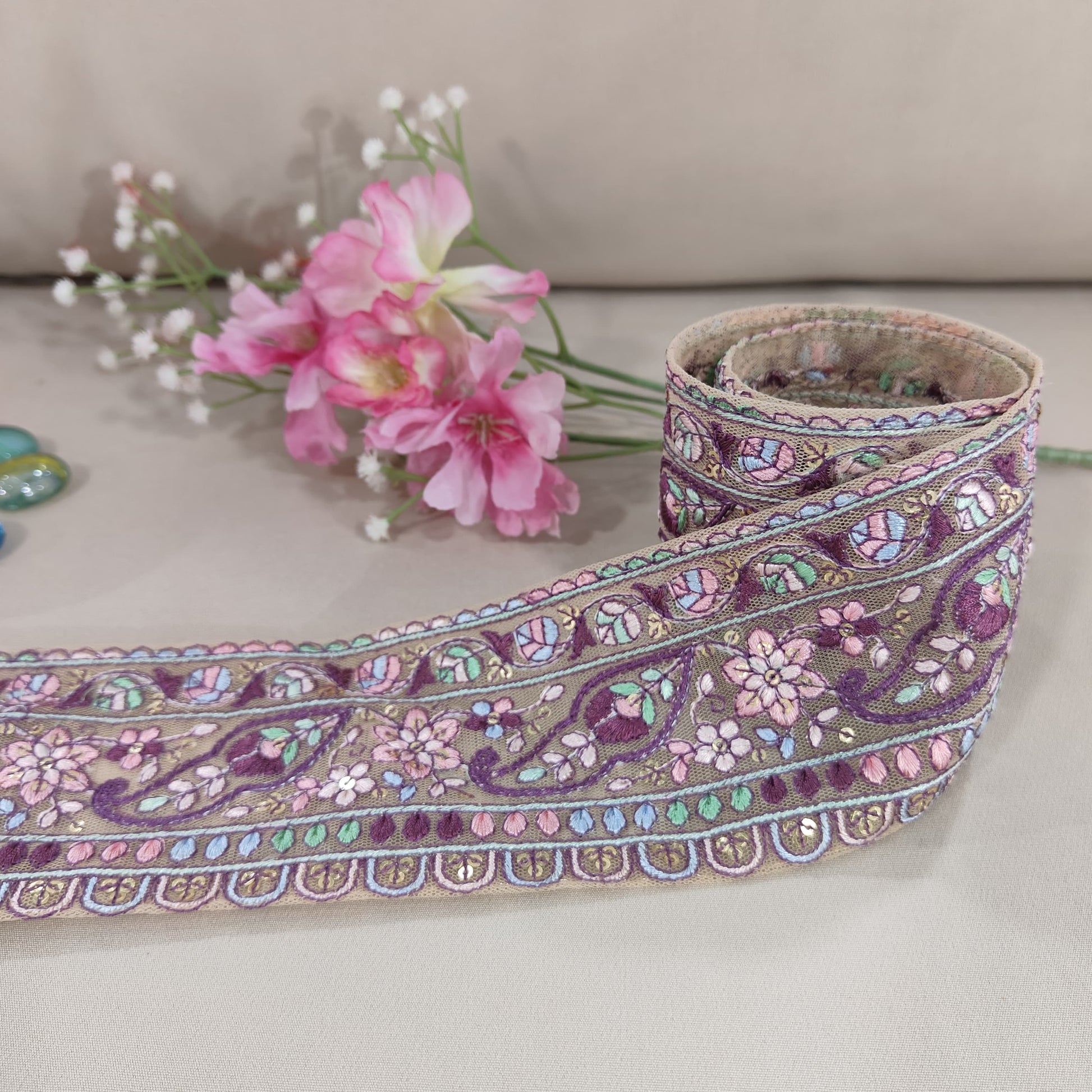 Cream Purple Embroidery Lace 15829