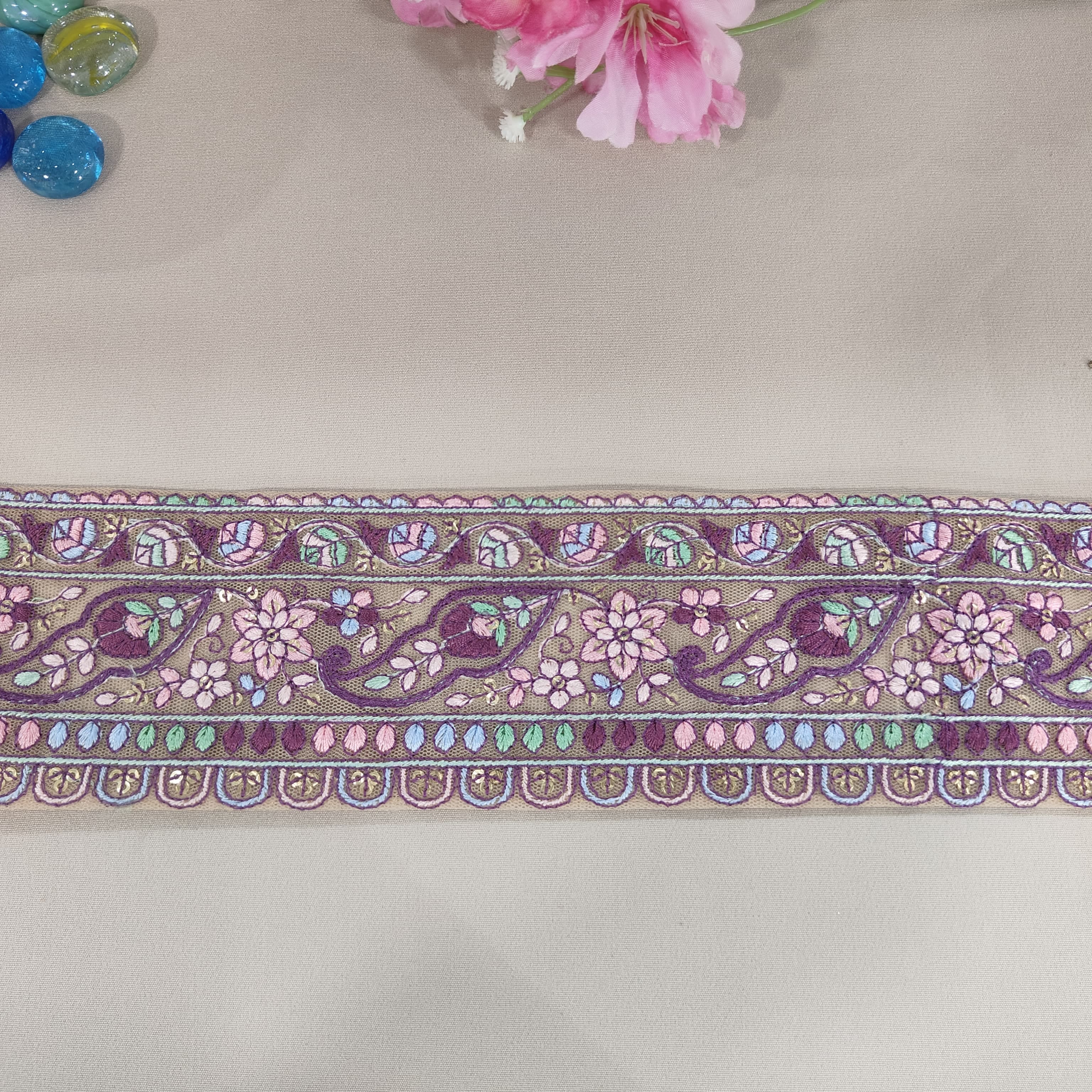 Cream Purple Embroidery Lace 15829