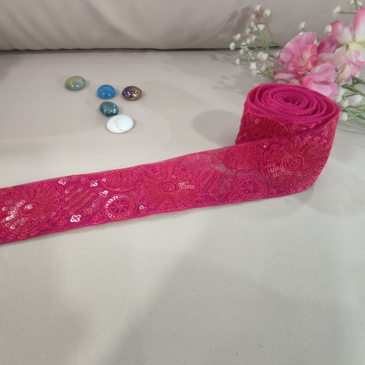 Magenta Pink Sequins Embroidery Lace 15817