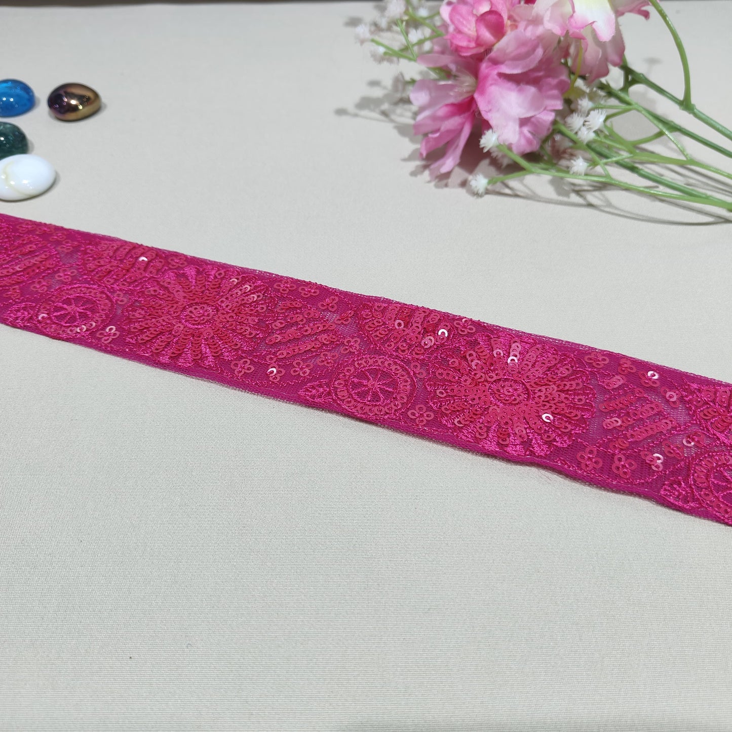 Magenta Pink Sequins Embroidery Lace 15817