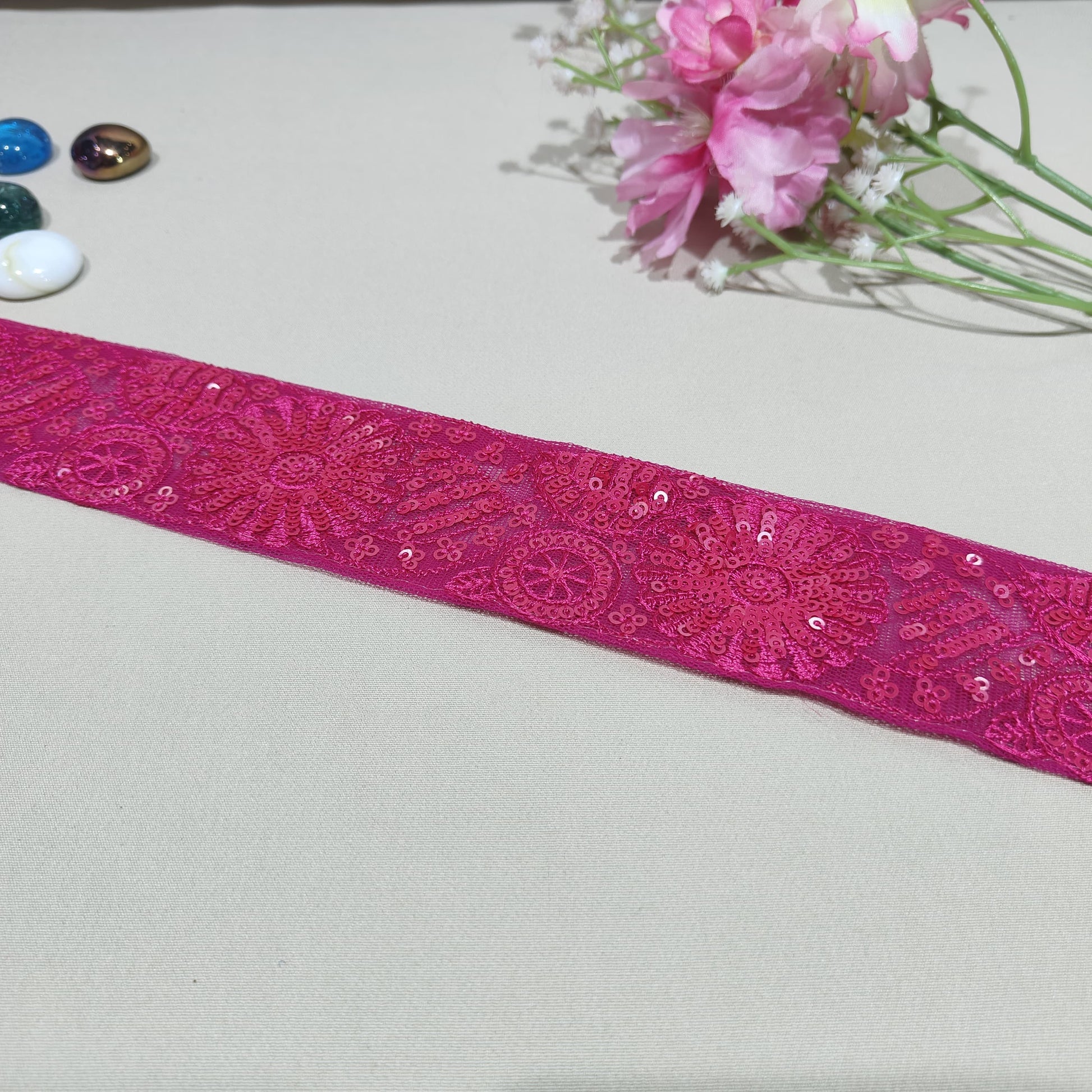 Magenta Pink Sequins Embroidery Lace 15817