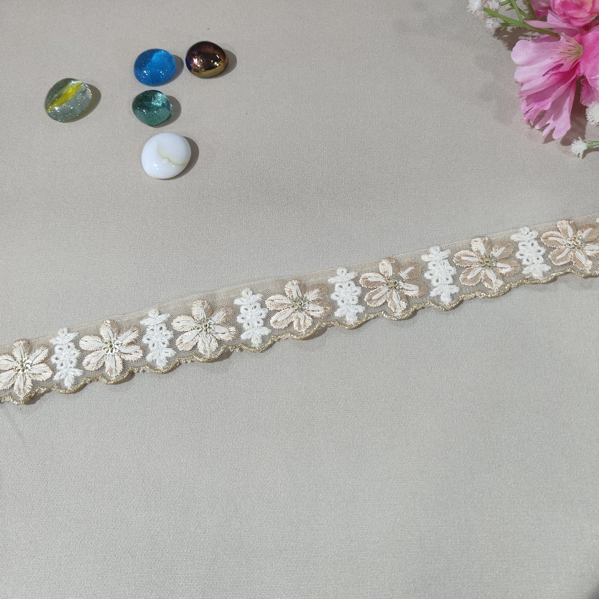 Peach Pink Floral Embroidery Lace 15823
