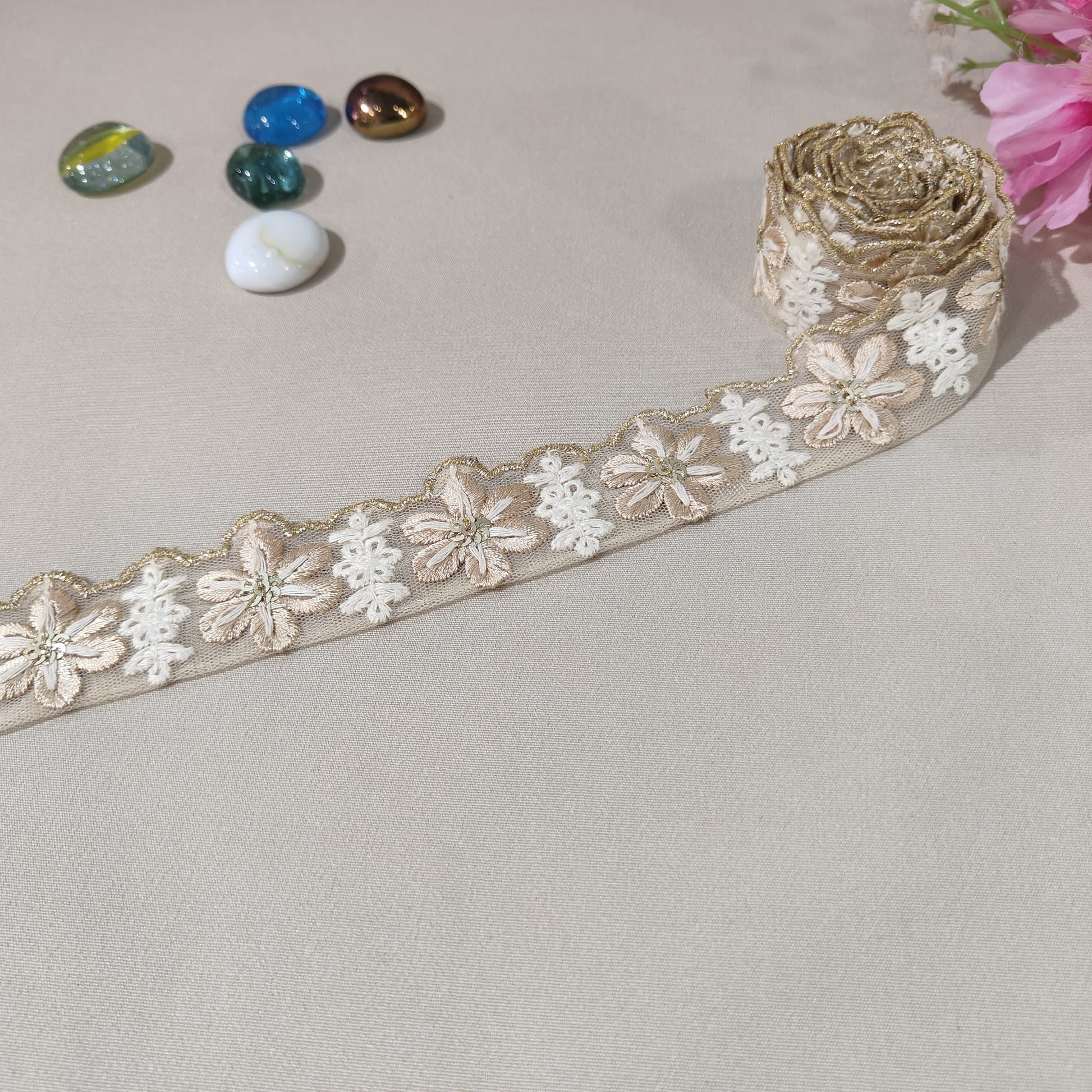 Peach Pink Floral Embroidery Lace 15823