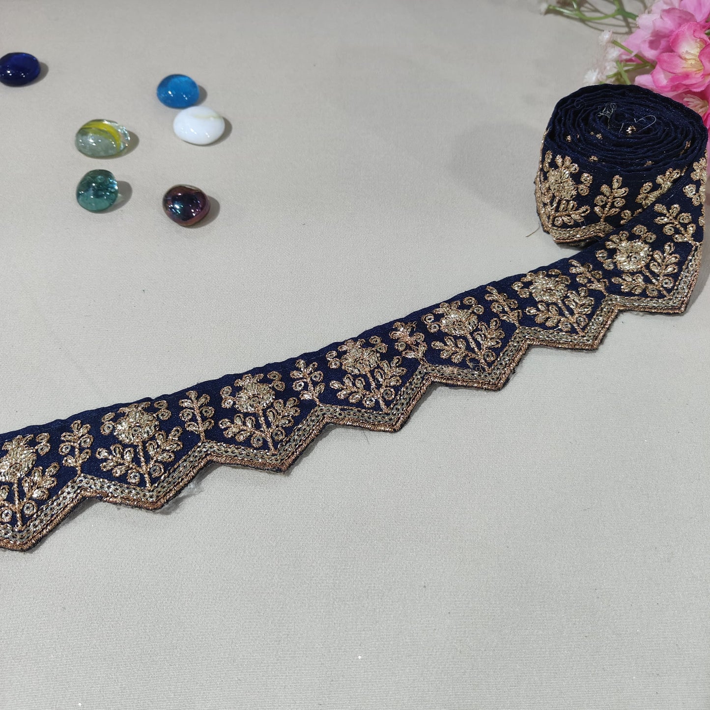 Navy Blue Chevron Zari Embroidery Lace 15846