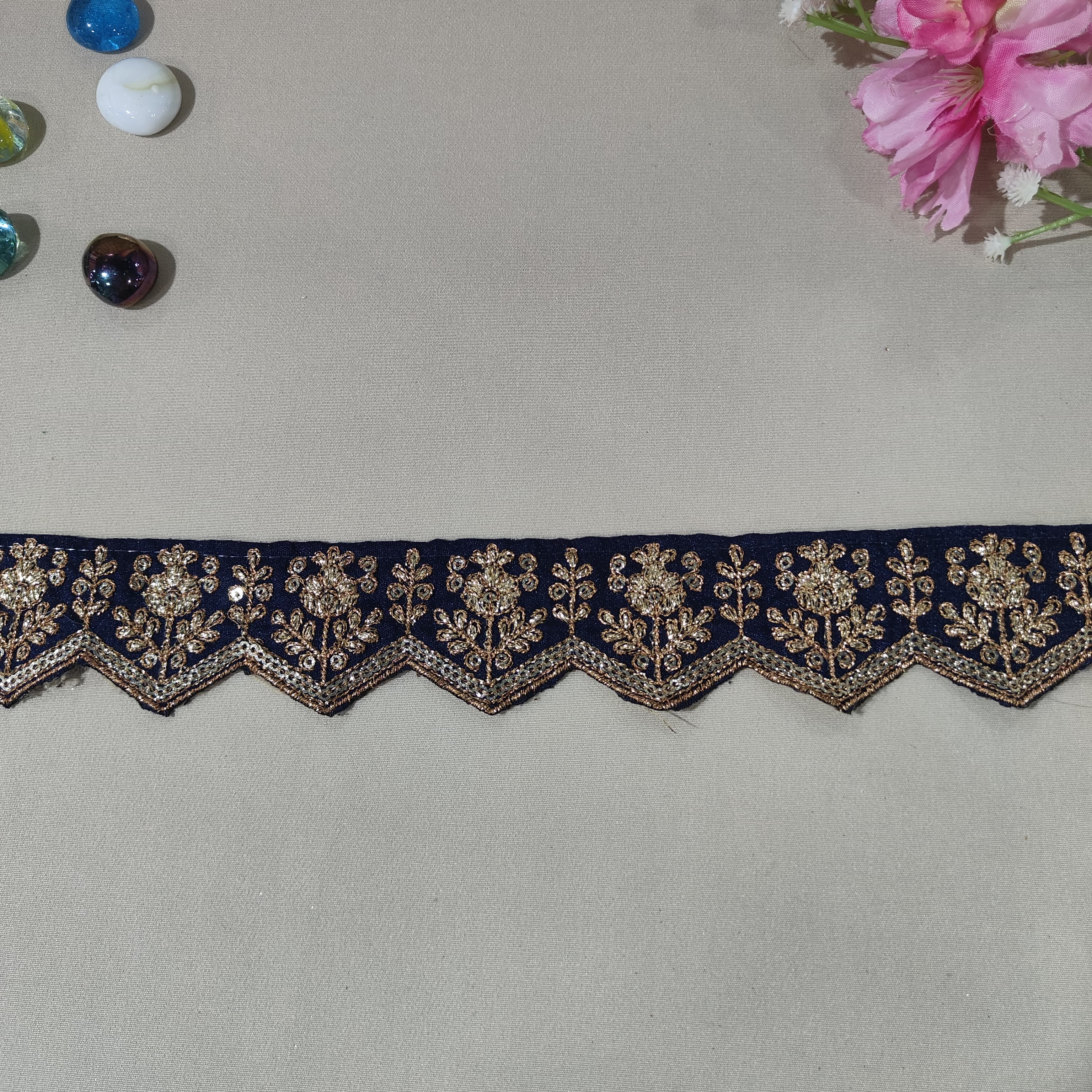 Navy Blue Chevron Zari Embroidery Lace 15846