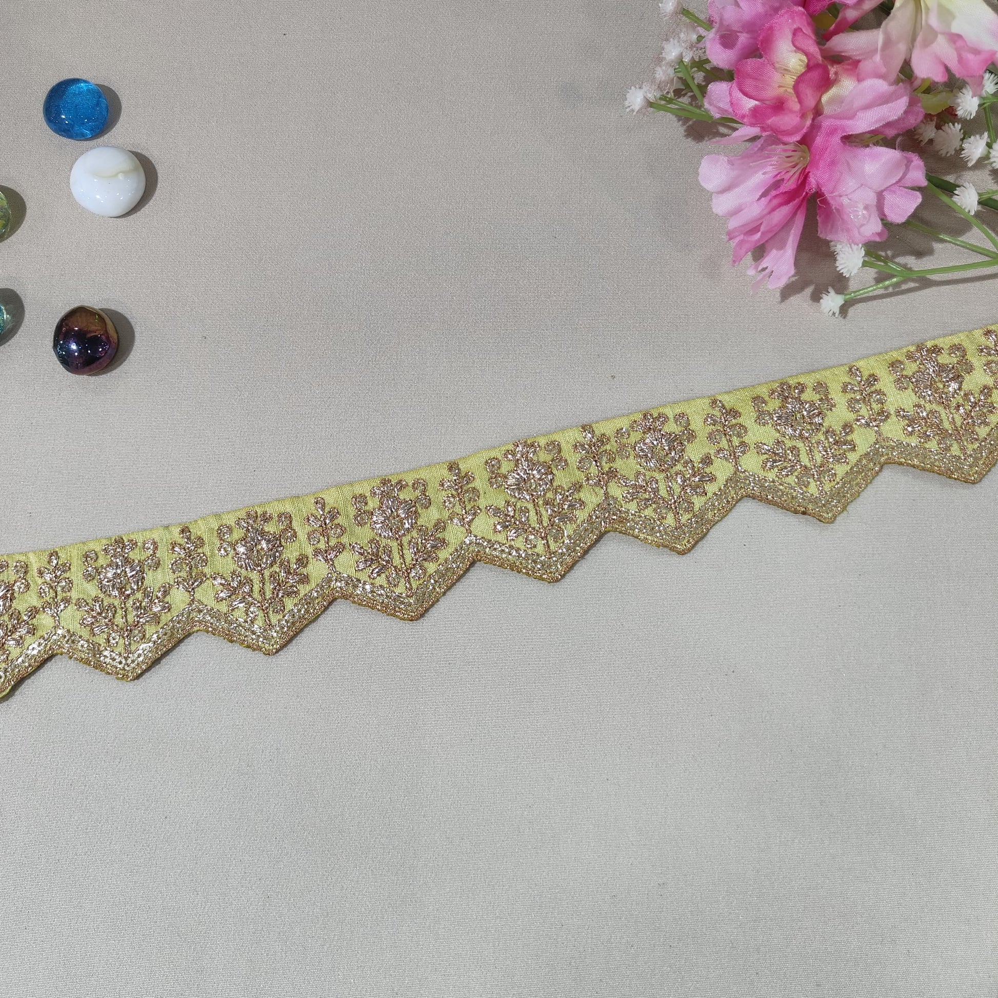 Lemon Green Chevron Zari Embroidery Lace 15839