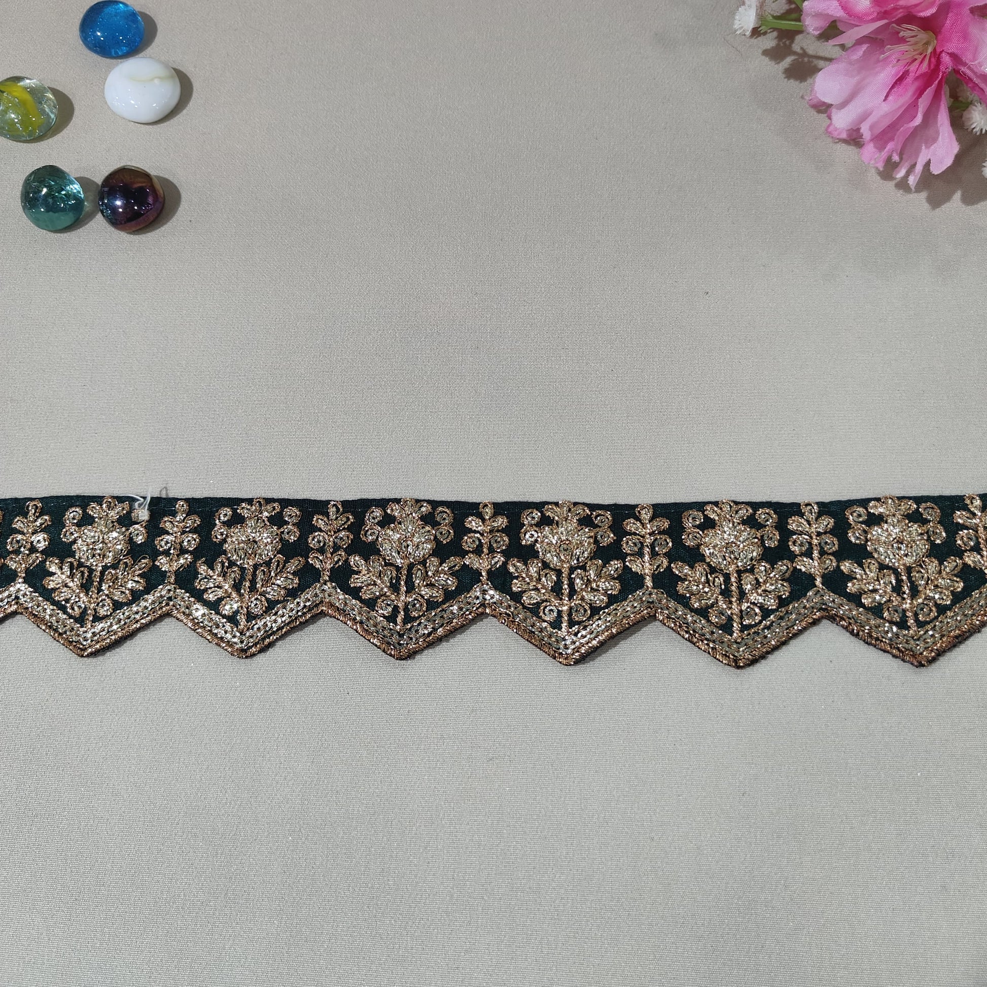 Dark Green Chevron Zari Embroidery Lace 15845