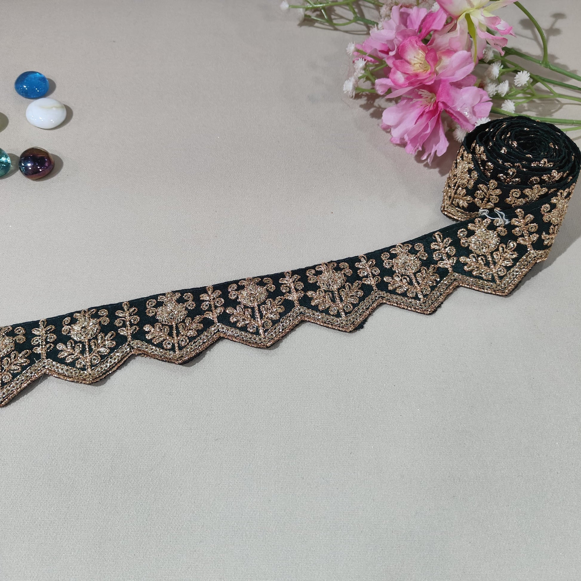 Dark Green Chevron Zari Embroidery Lace 15845