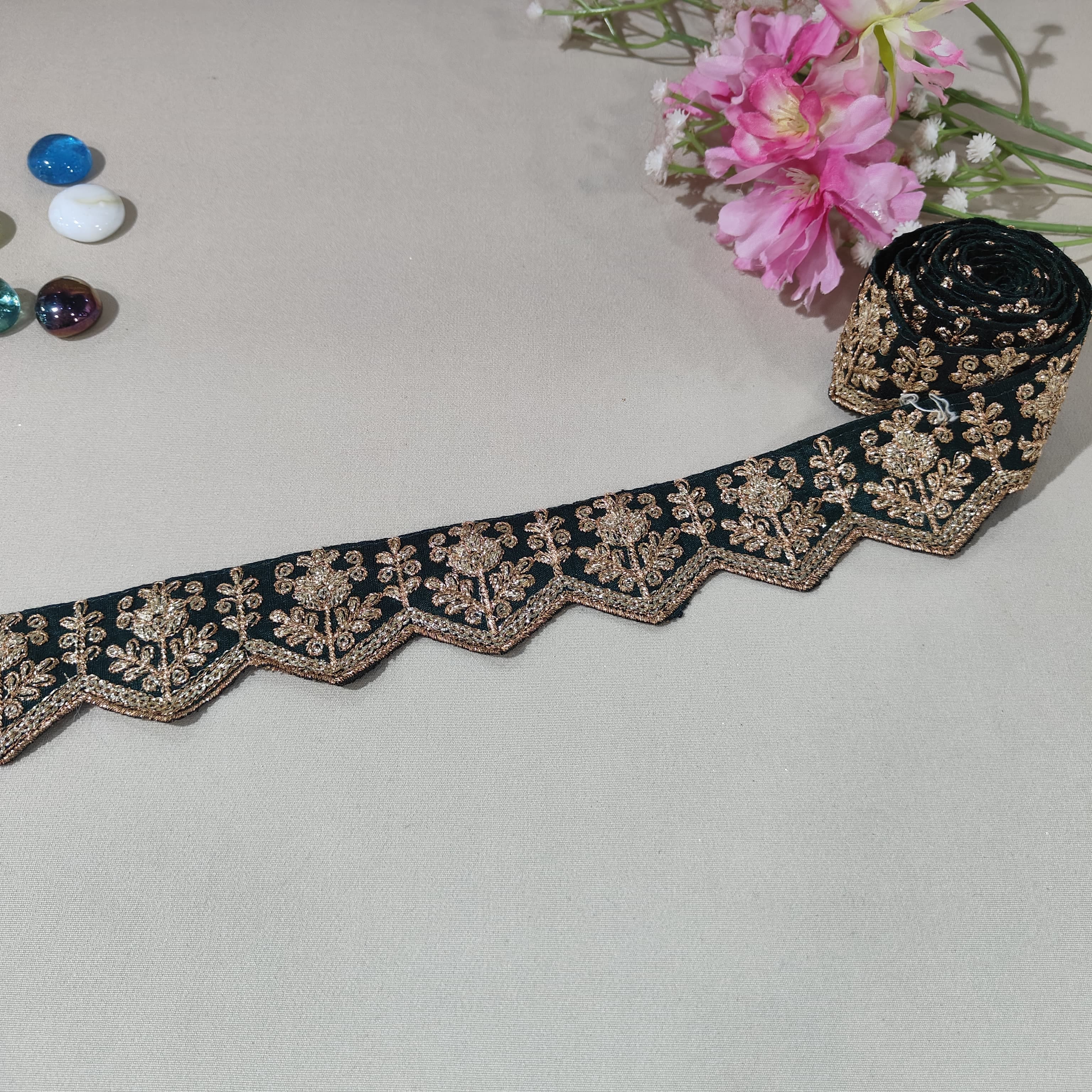 Dark Green Chevron Zari Embroidery Lace 15845