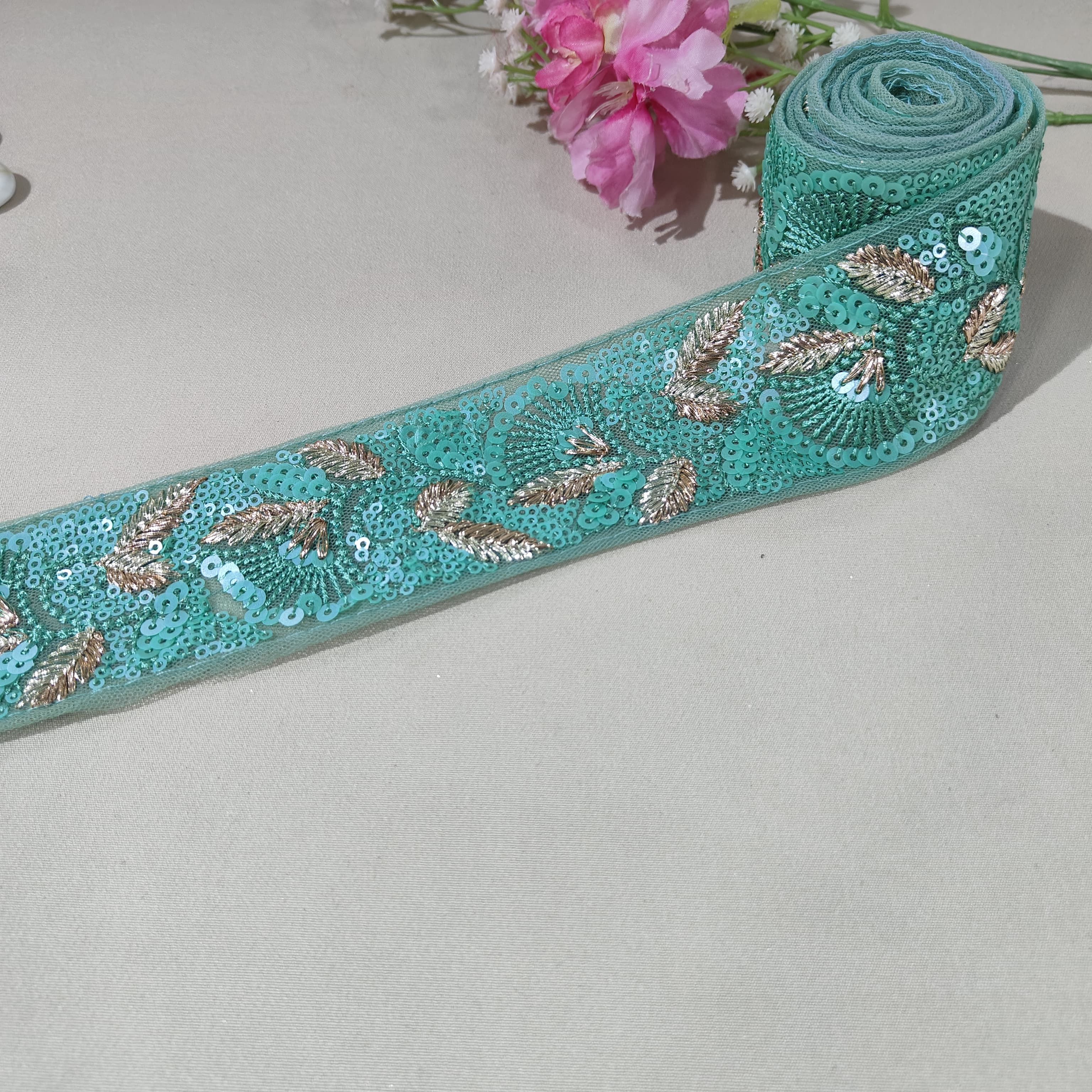 Green Sequins Embroidery Lace 15872 - TradeUNO