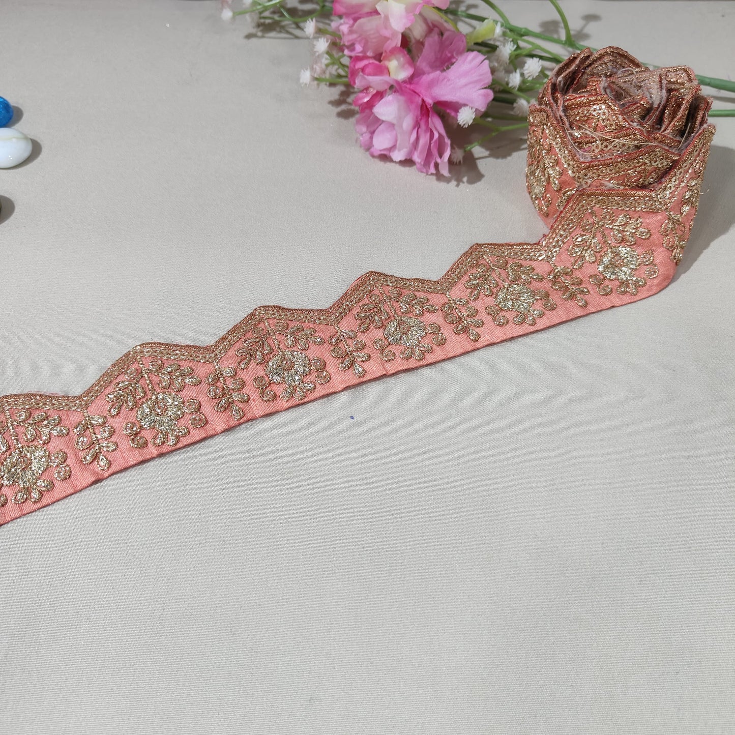 Peach Pink Chevron Zari Embroidery Lace 15847