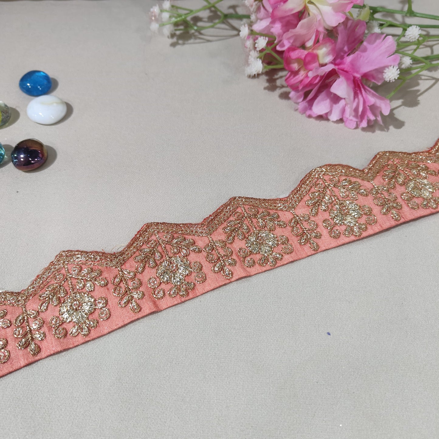 Peach Pink Chevron Zari Embroidery Lace 15847