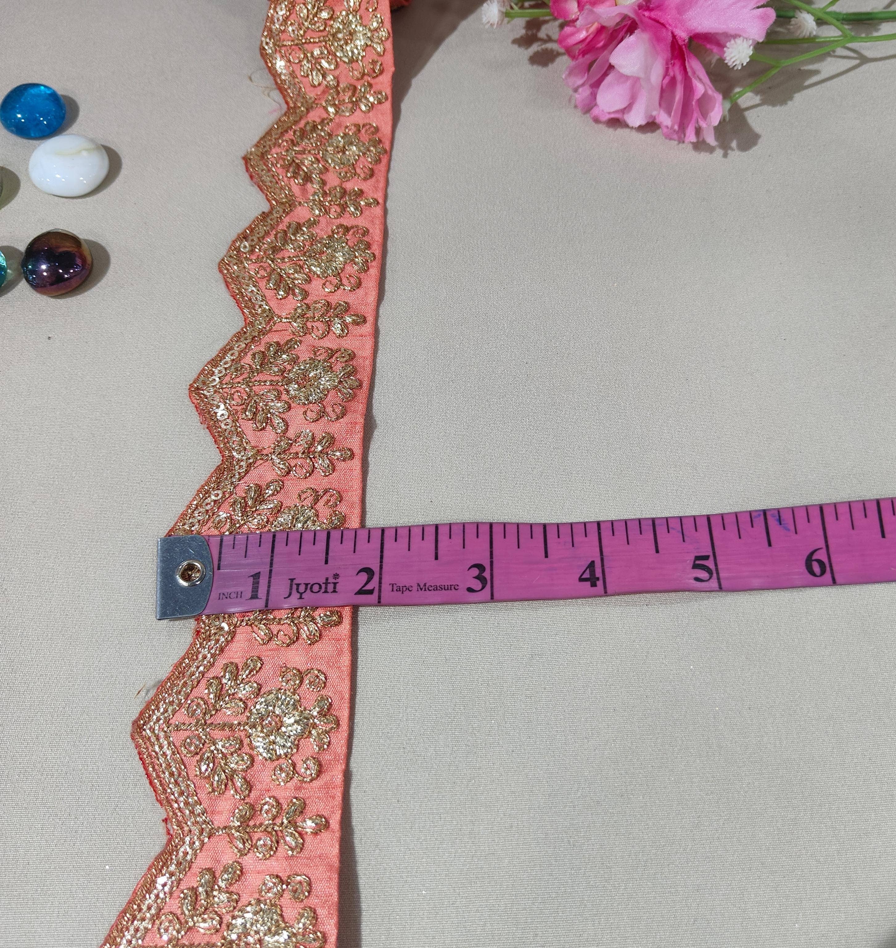 Peach Pink Chevron Zari Embroidery Lace 15847