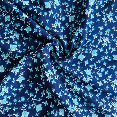 Blue With Sky Blue Floral Crepe Fabric 7203