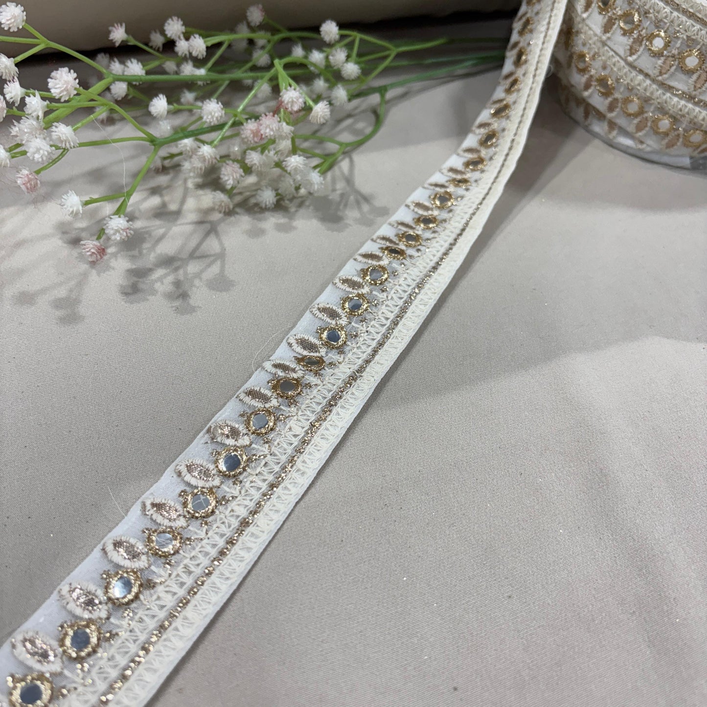 White Zari Mirror Embroidery Lace 15794